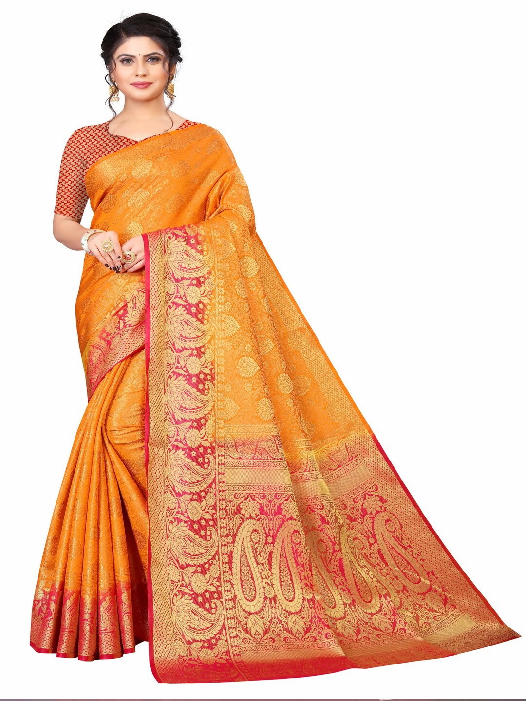 

MOKSHA DESIGNS Orange & Red Ethnic Motifs Zari Pure Silk Banarasi Saree