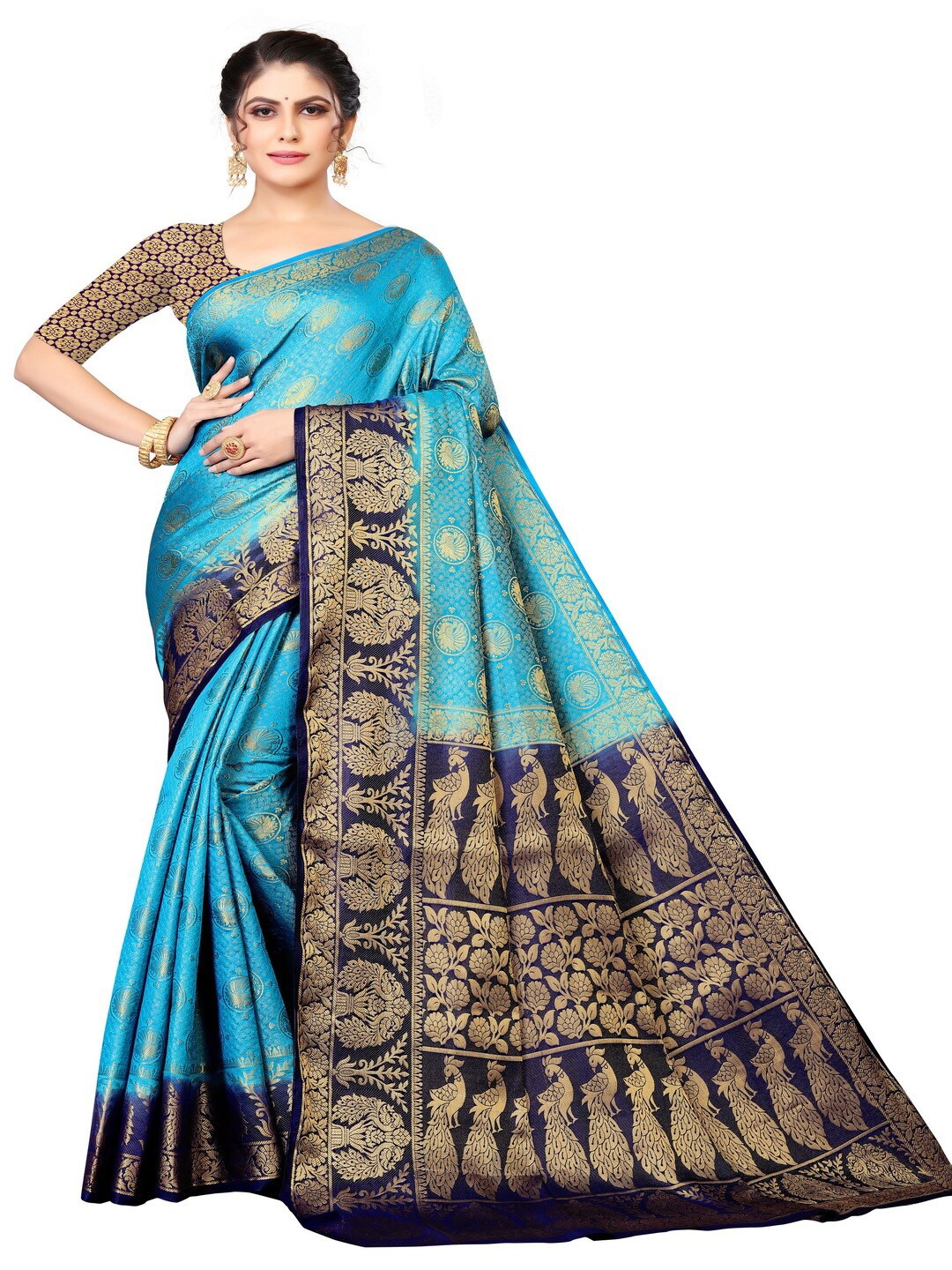 

MOKSHA DESIGNS Turquoise Blue & Blue Woven Design Pure Silk Banarasi Saree