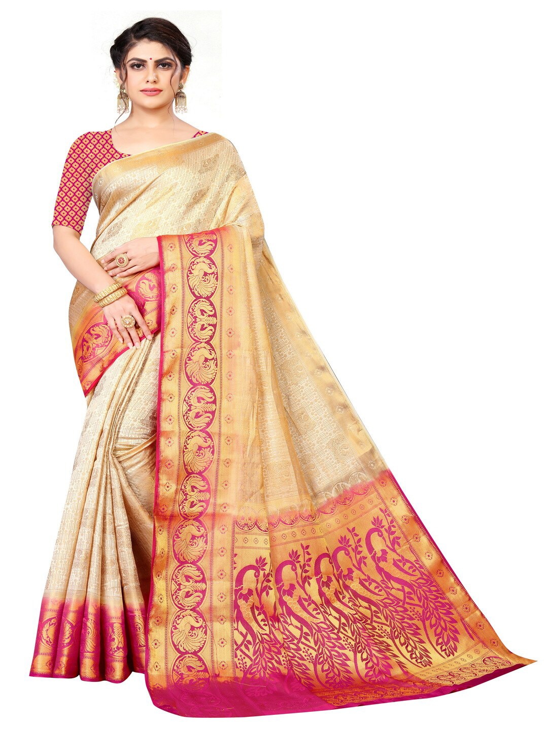 

MOKSHA DESIGNS Cream-Coloured & Pink Woven Design Zari Pure Silk Banarasi Saree