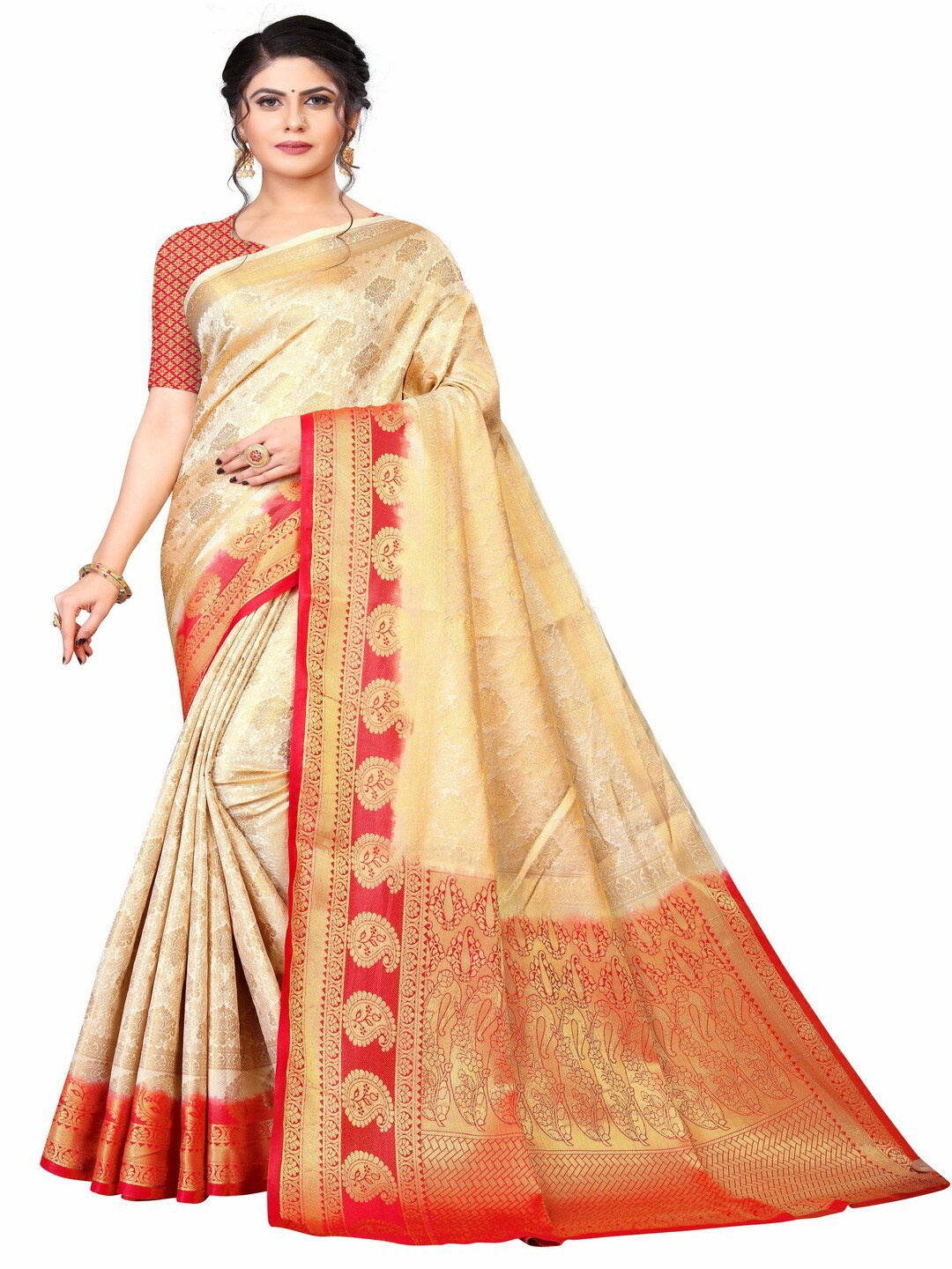 

MOKSHA DESIGNS Cream-Coloured & Red Woven Design Zari Pure Silk Banarasi Saree