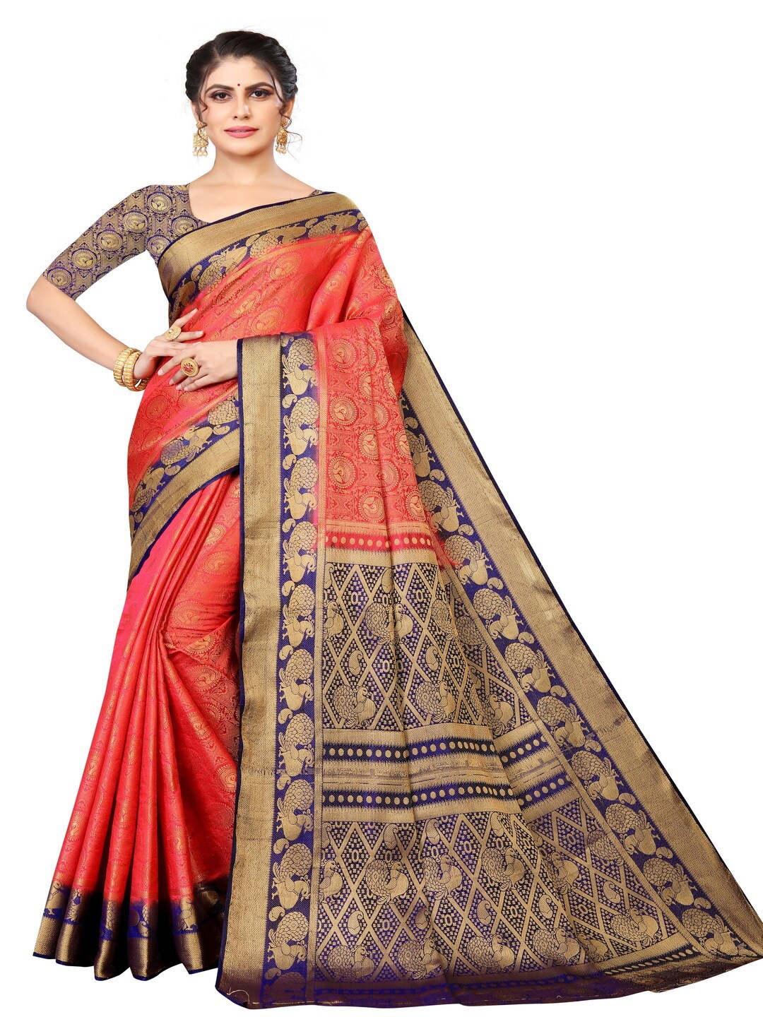 

MOKSHA DESIGNS Red & Gold-Toned Woven Design Zari Pure Silk Banarasi Saree