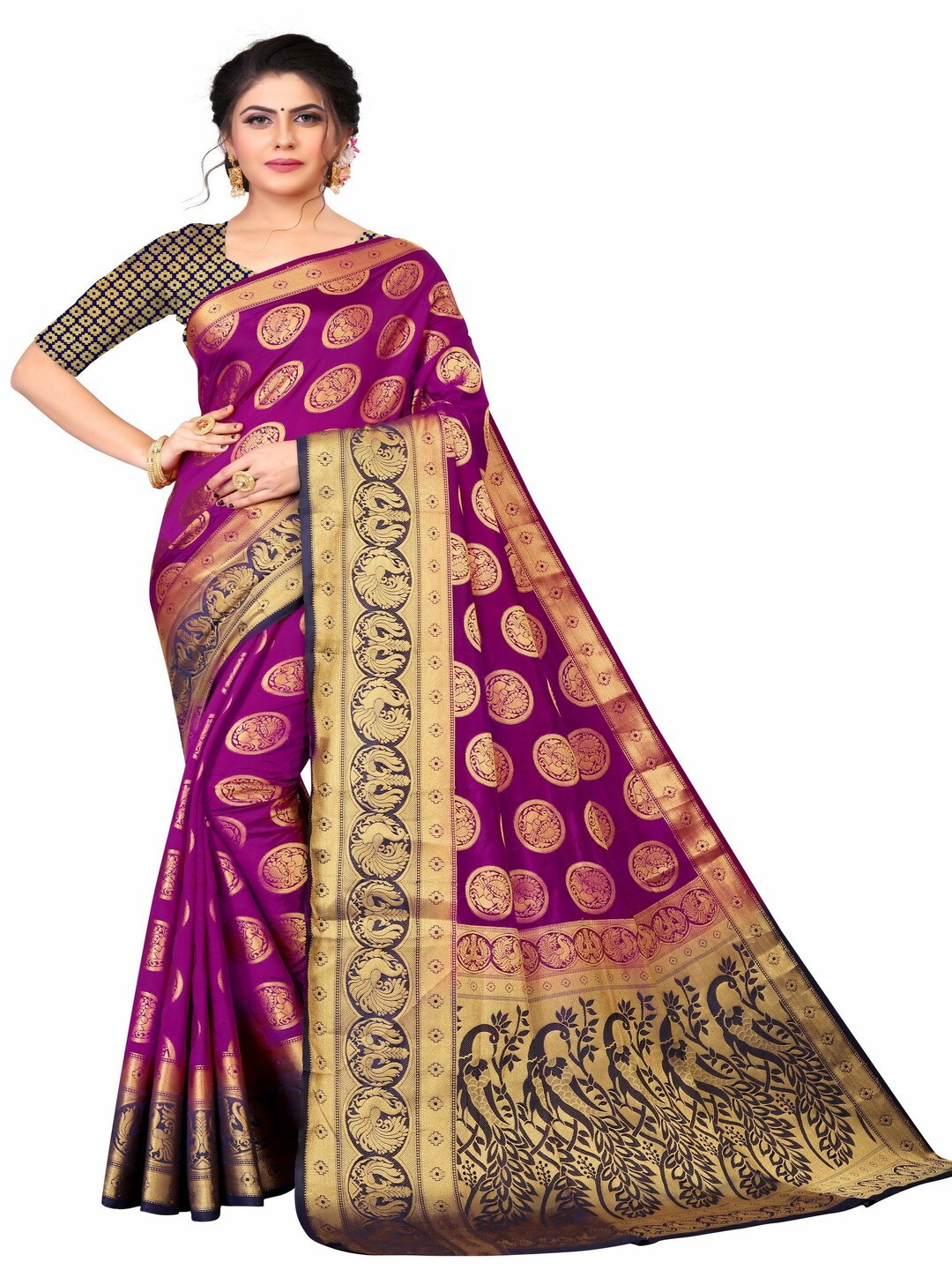 

MOKSHA DESIGNS Burgundy & Gold-Toned Woven Design Zari Pure Silk Banarasi Saree