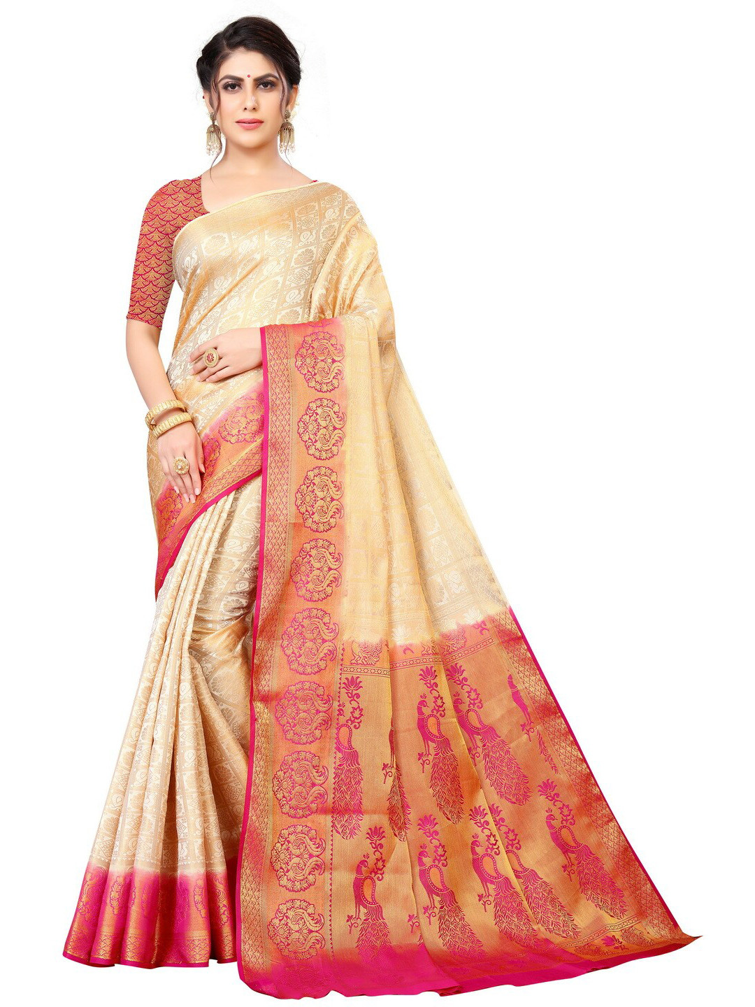 

MOKSHA DESIGNS Cream-Coloured & Red Woven Design Zari Pure Silk Banarasi Saree
