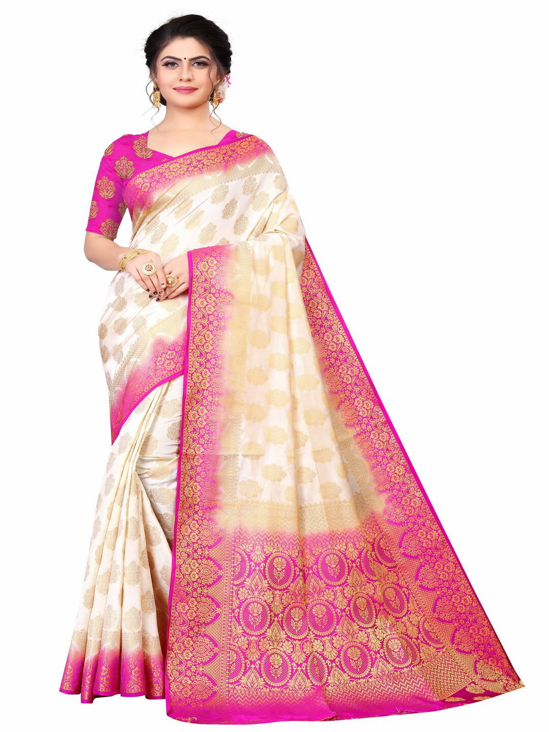 

MOKSHA DESIGNS White & Pink Woven Design Zari Pure Silk Banarasi Saree