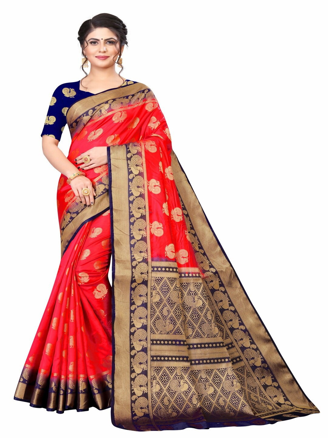 

MOKSHA DESIGNS Red & Blue Ethnic Motifs Zari Pure Silk Banarasi Saree