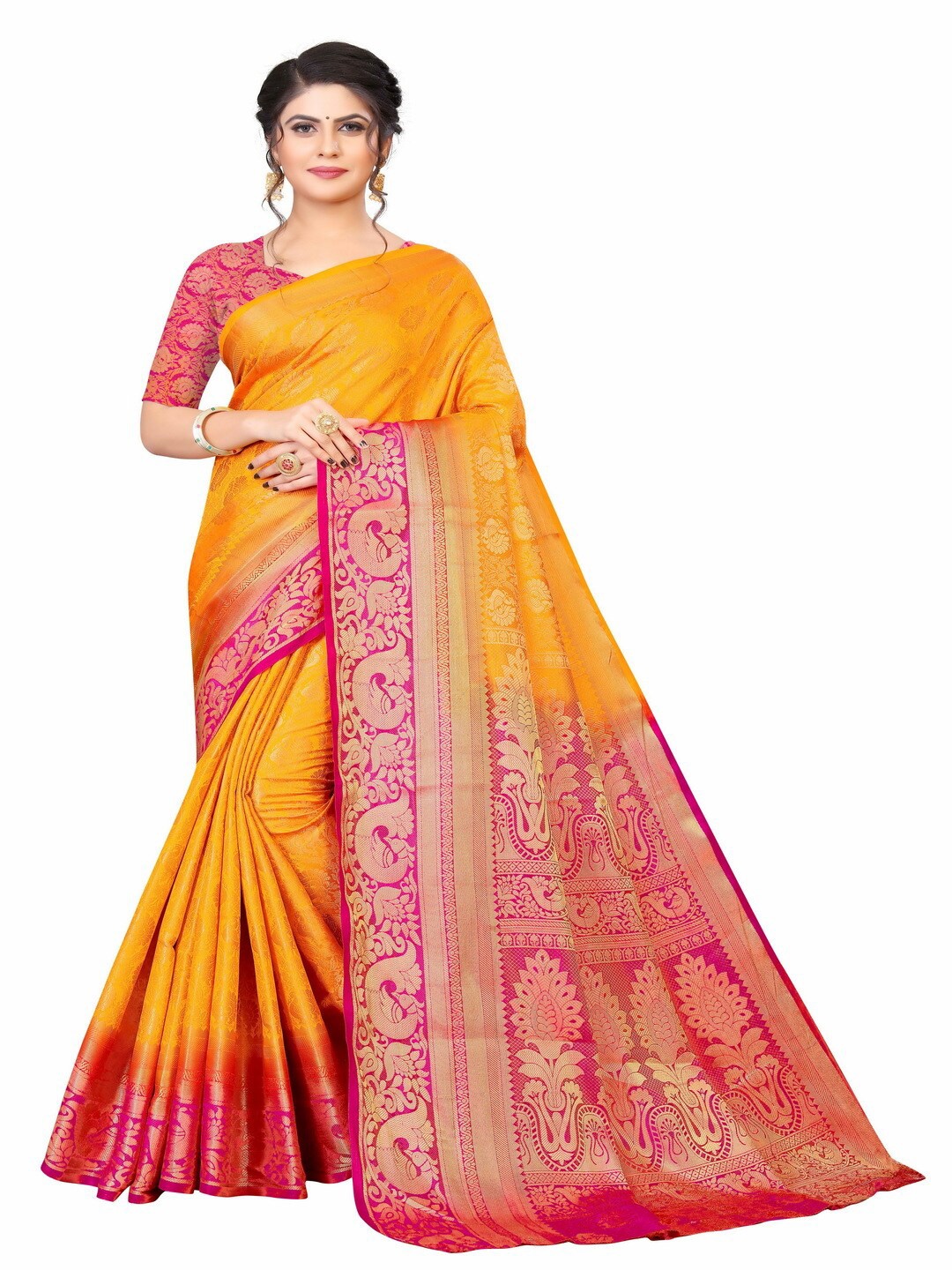 

MOKSHA DESIGNS Yellow & Pink Ethnic Motifs Pure Silk Banarasi Saree