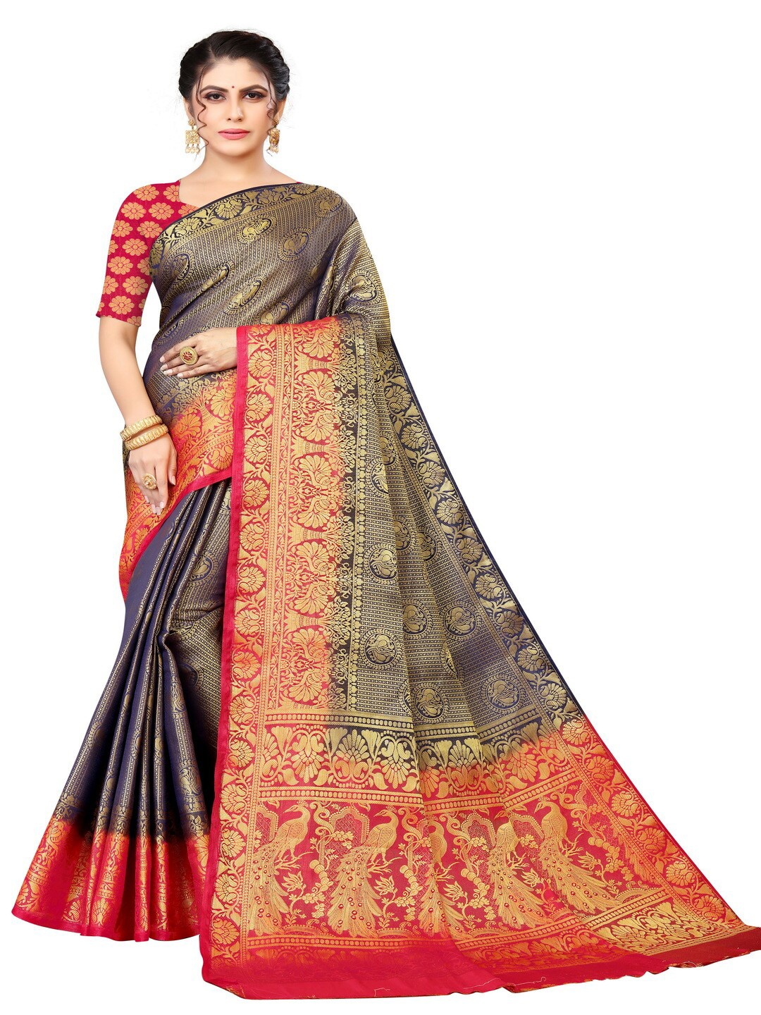 

MOKSHA DESIGNS Navy Blue & Red Woven Design Zari Pure Silk Banarasi Saree