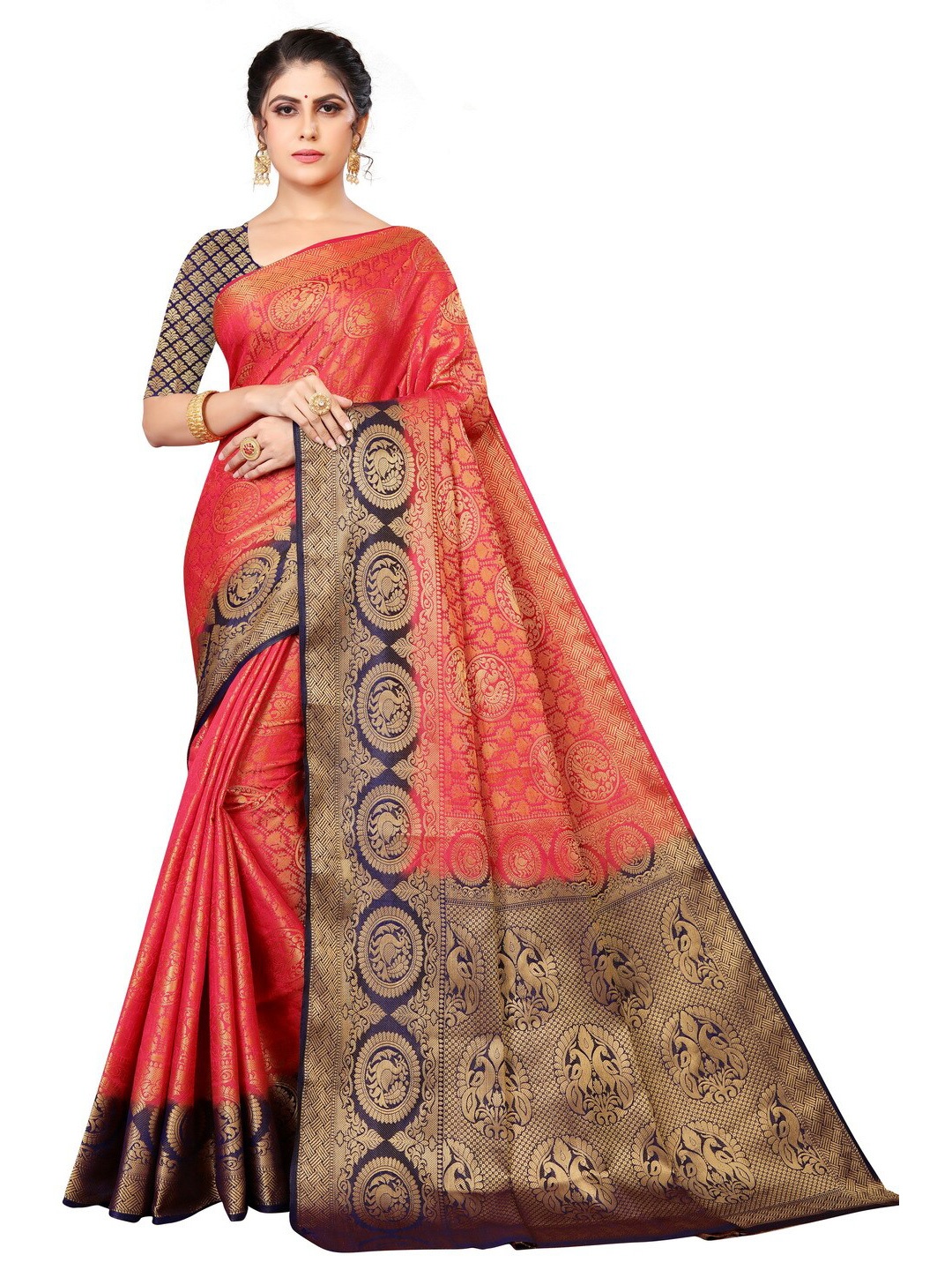 

MOKSHA DESIGNS Red & Blue Ethnic Motifs Pure Silk Banarasi Saree