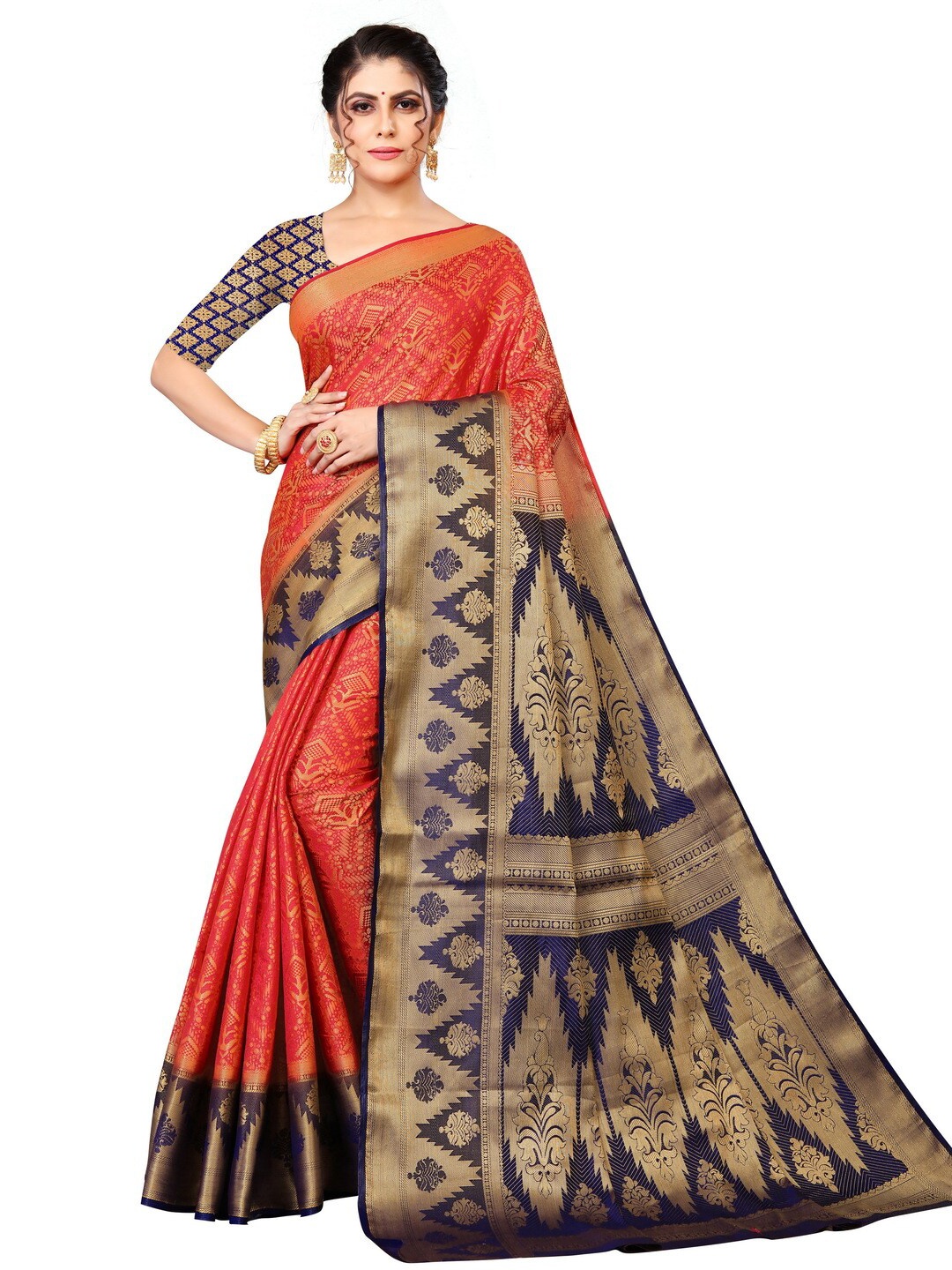 

MOKSHA DESIGNS Red & Navy Blue Woven Design Zari Pure Silk Banarasi Saree