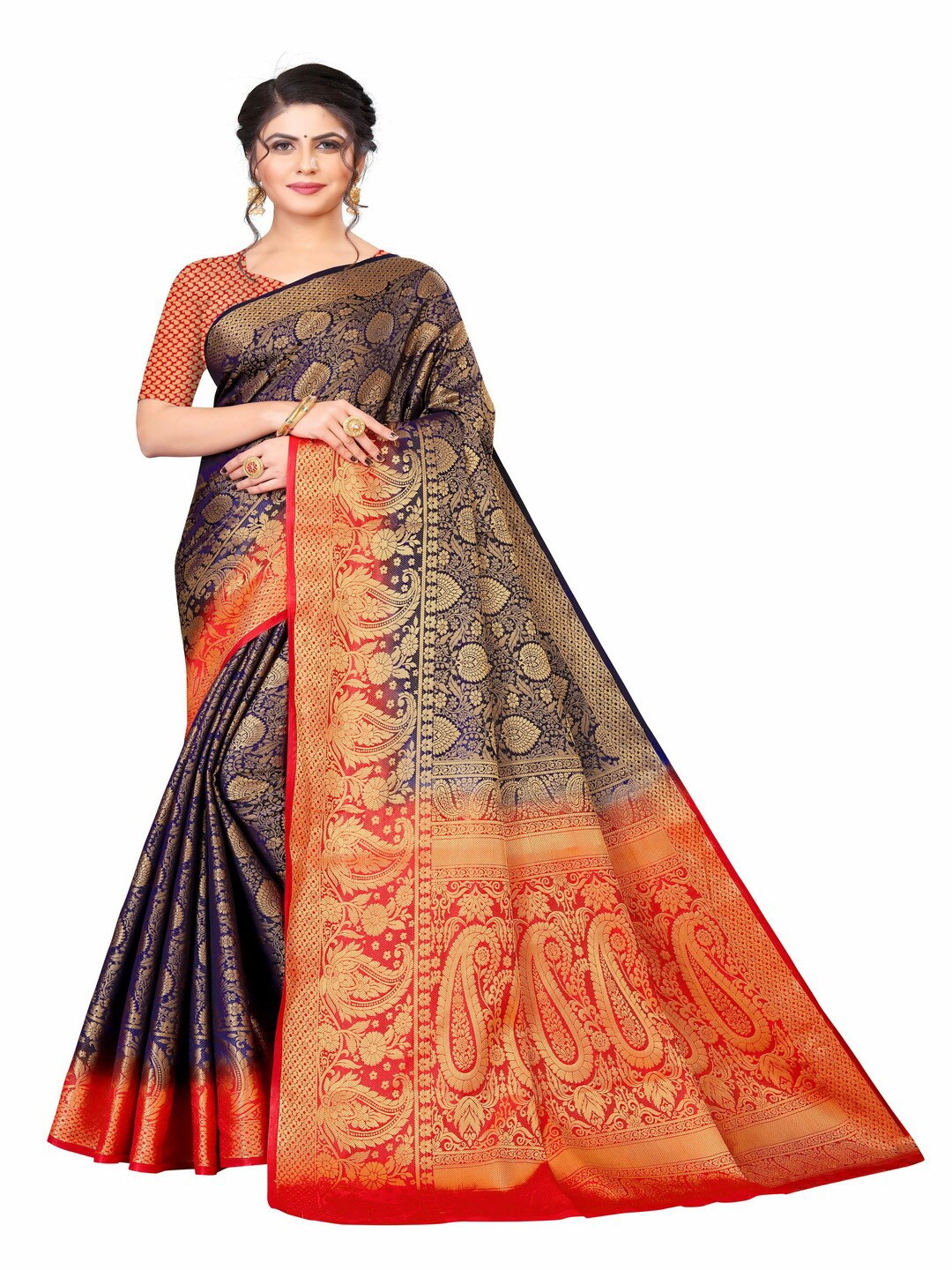 

MOKSHA DESIGNS Navy Blue & Red Woven Design Zari Pure Silk Banarasi Saree