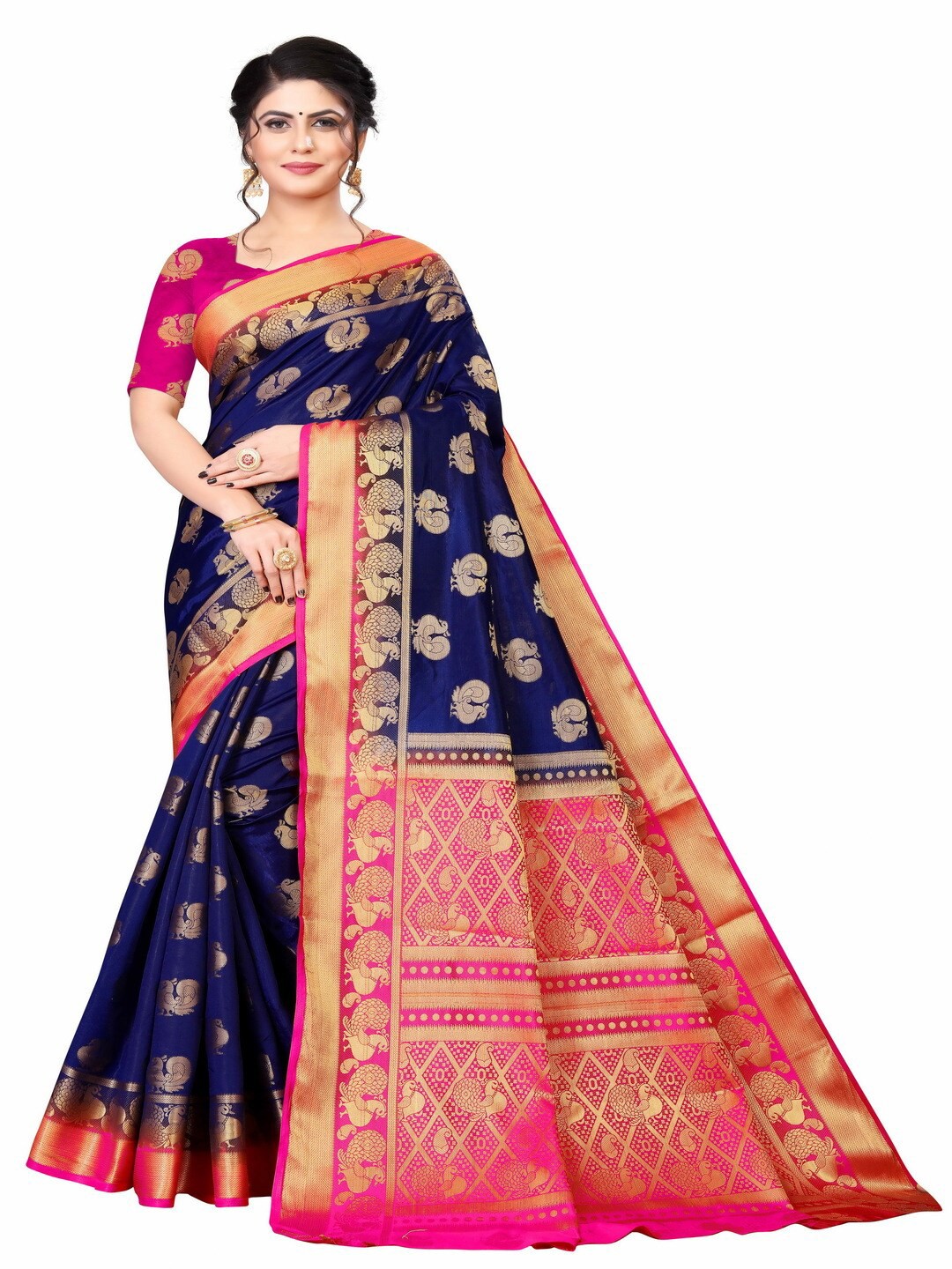 

MOKSHA DESIGNS Blue & Pink Ethnic Motifs Pure Silk Banarasi Saree