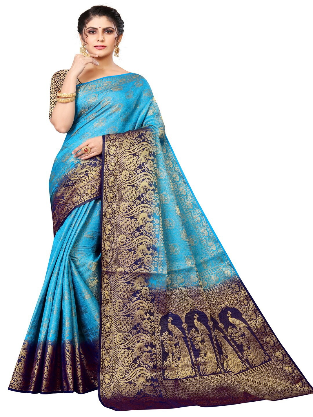 

MOKSHA DESIGNS Blue & Gold-Toned Woven Design Zari Pure Silk Banarasi Saree