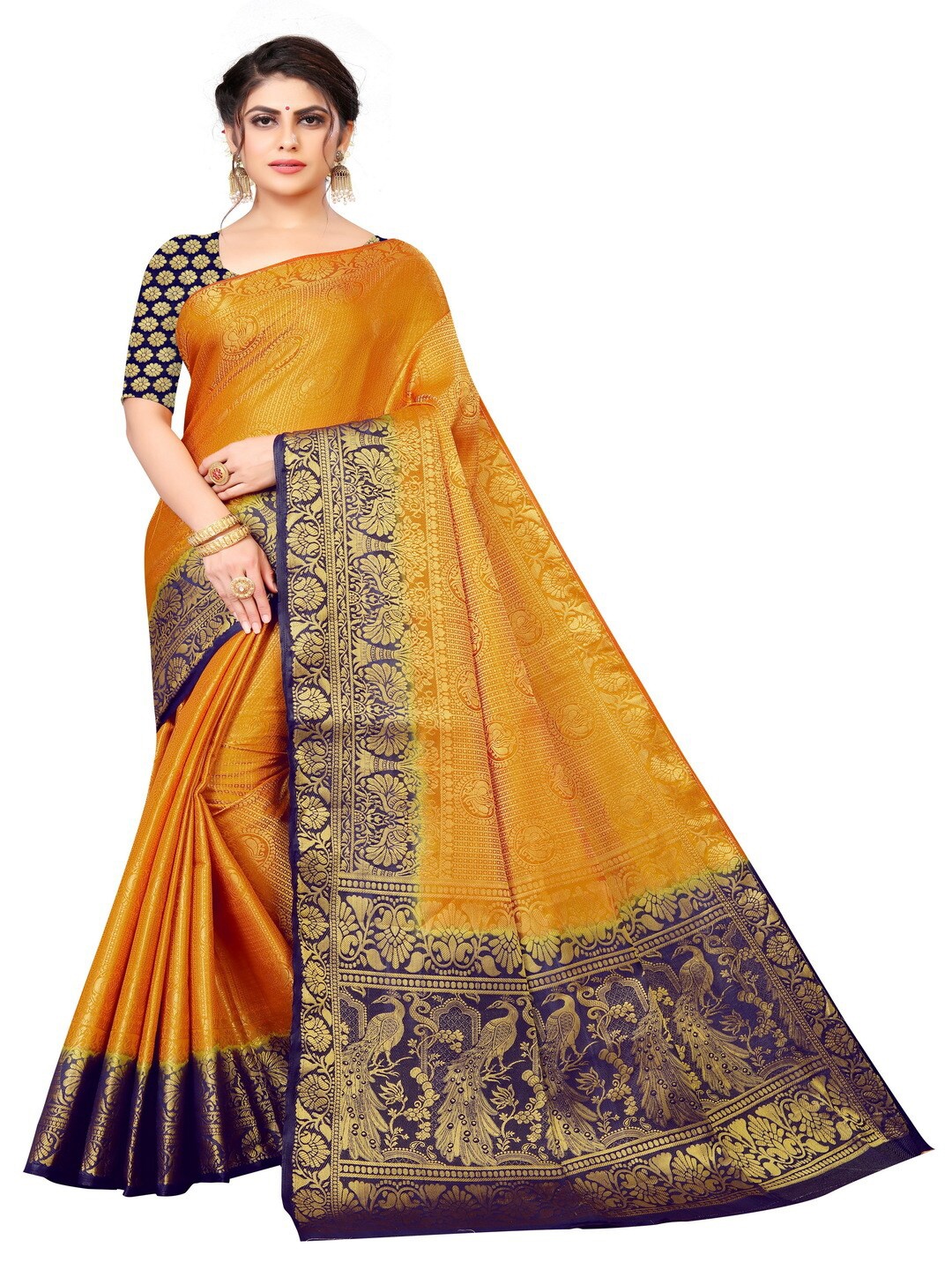 

MOKSHA DESIGNS Yellow & Blue Ethnic Motifs Zari Pure Silk Banarasi Saree