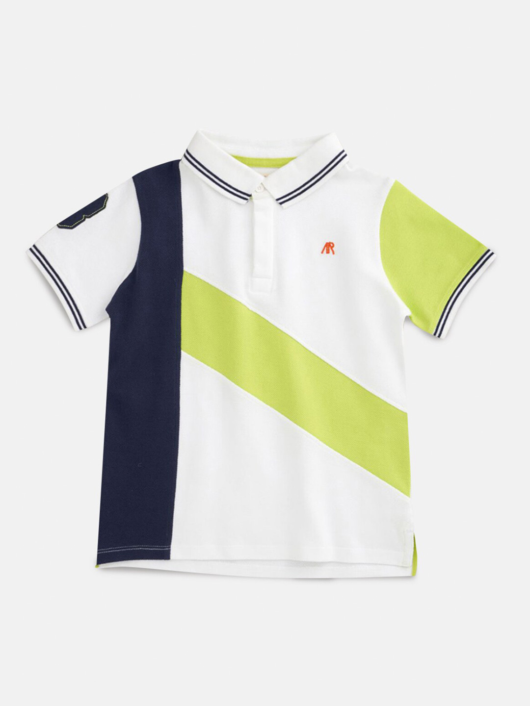 

Angel & Rocket Boys White & Blue Colourblocked Polo Collar Applique Slim Fit T-shirt