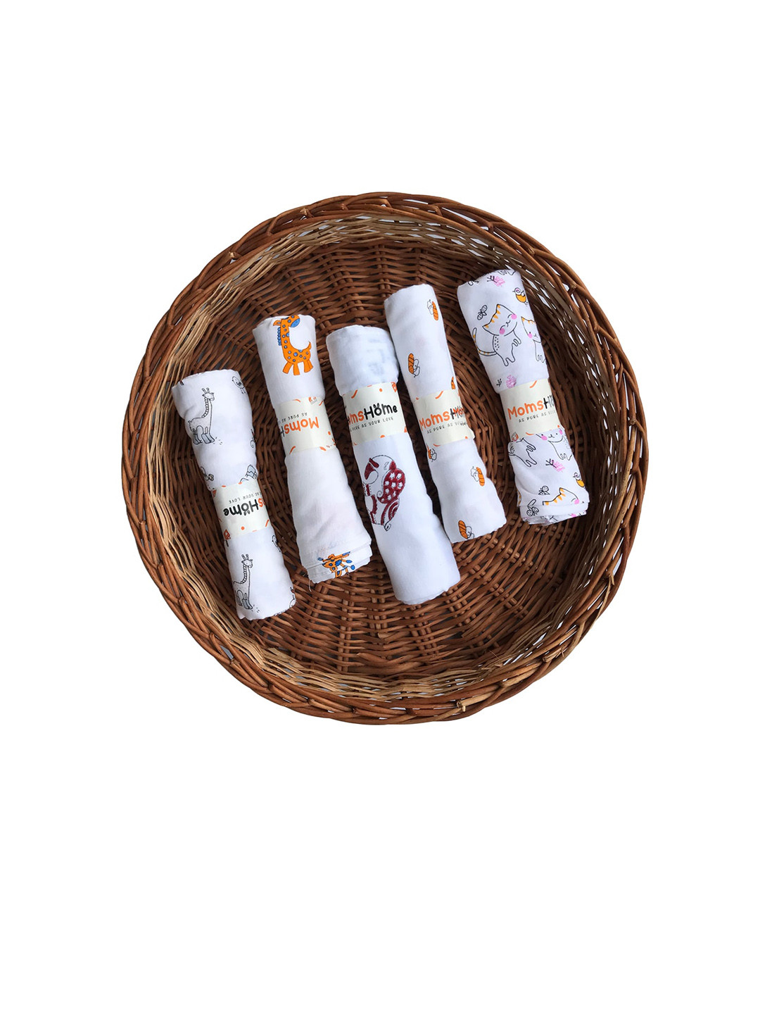 

Moms Home Infants Set of 5 White Printed Organic Cotton Baby Swaddle