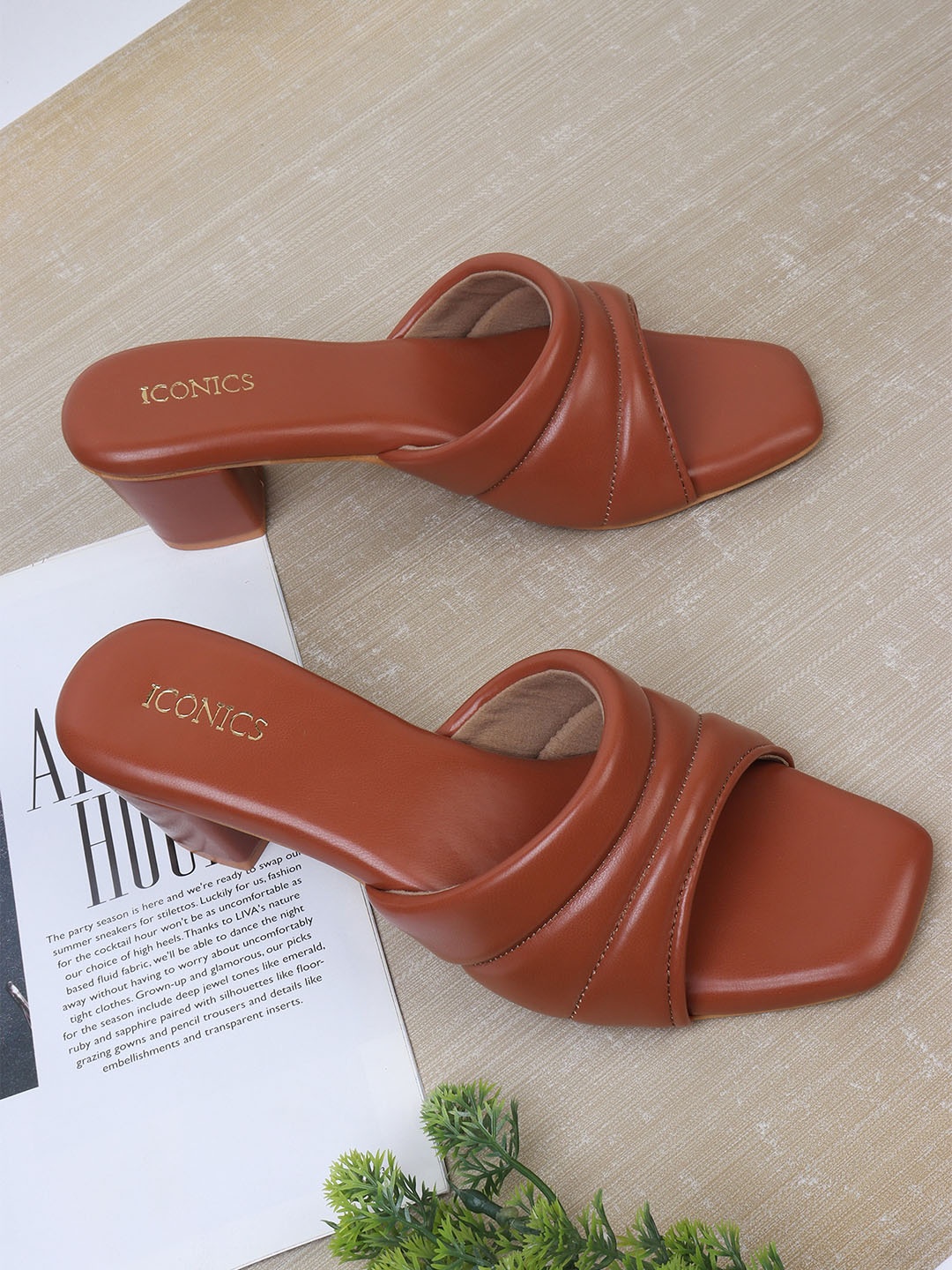 

ICONICS Tan Textured Block Heel Sandals