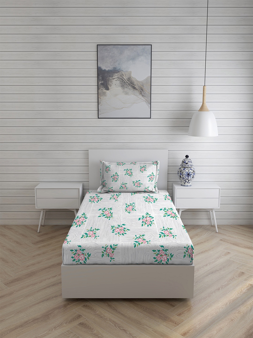 

Layers Green & White Floral 110 TC Single Bedsheet with 1 Pillow Covers