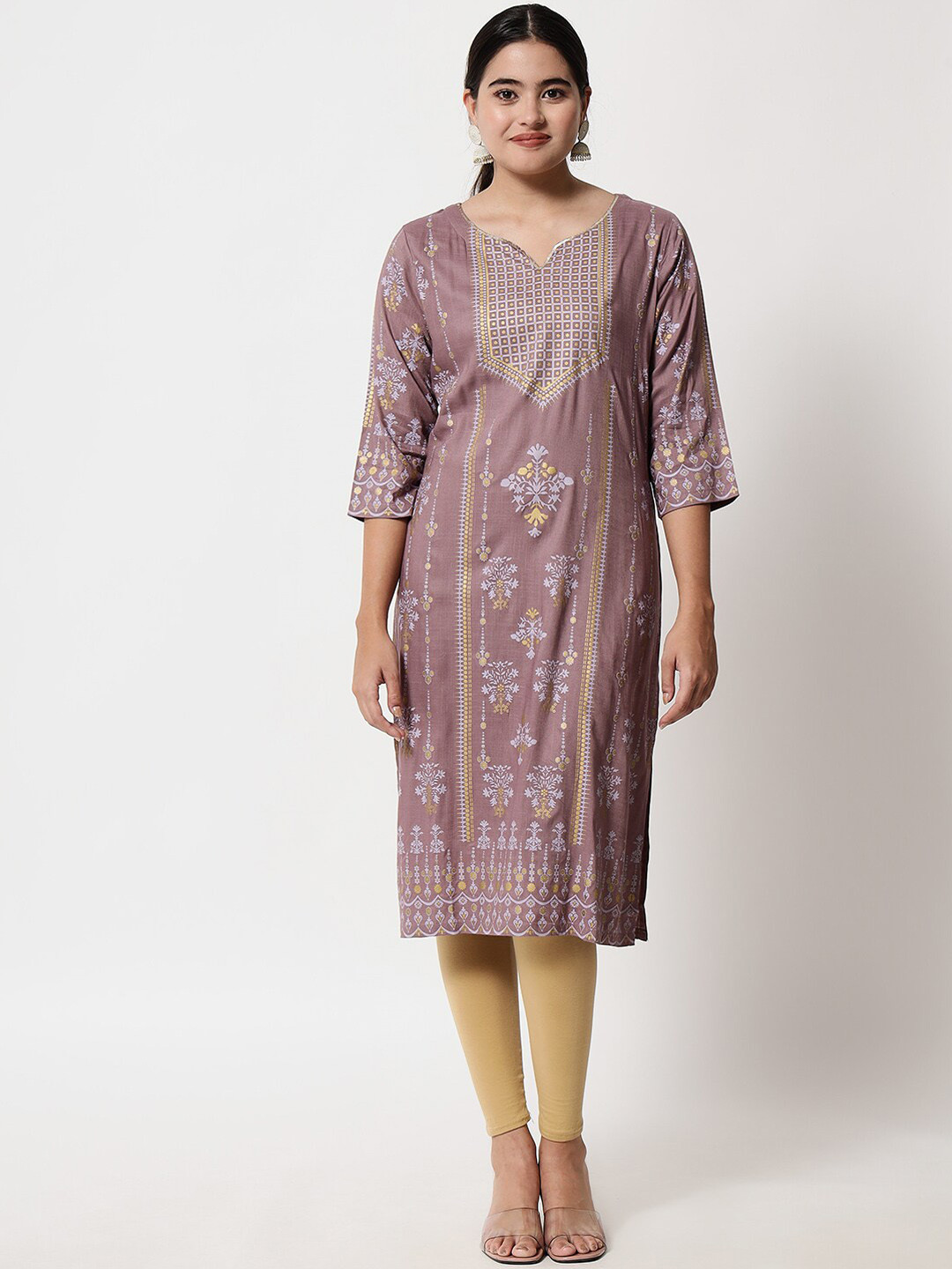 

Yaadleen Mauve & Rose Gold Ethnic Motifs Printed V-Neck Sequinned Kurti