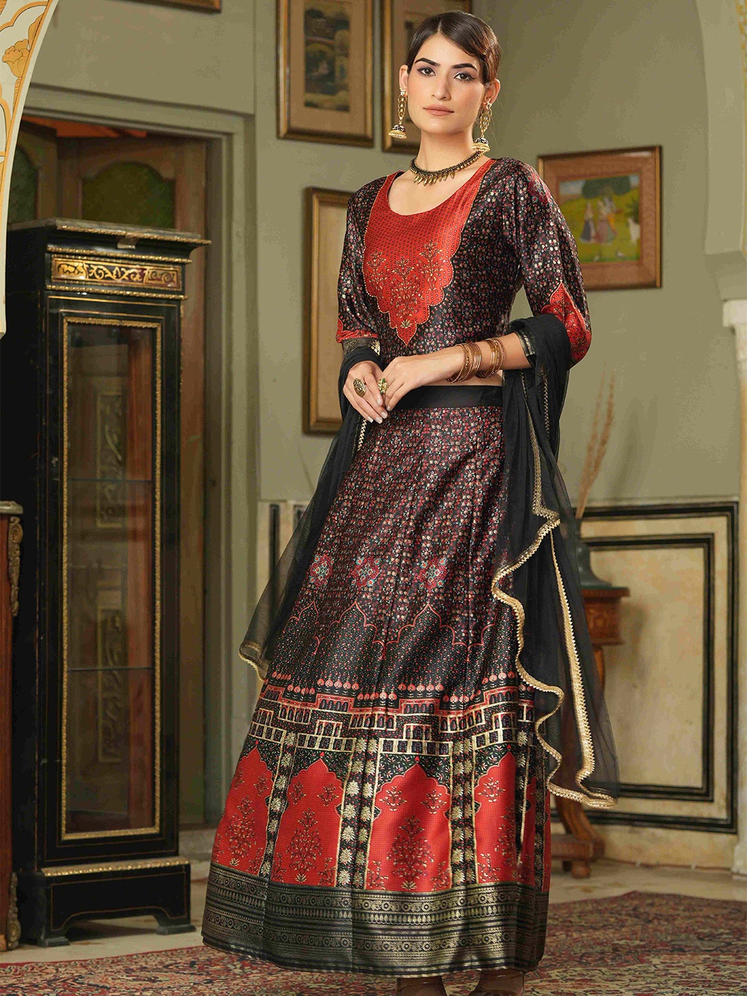 

Juniper Black & Maroon Embellished Ready to Wear Lehenga & Blouse With Dupatta