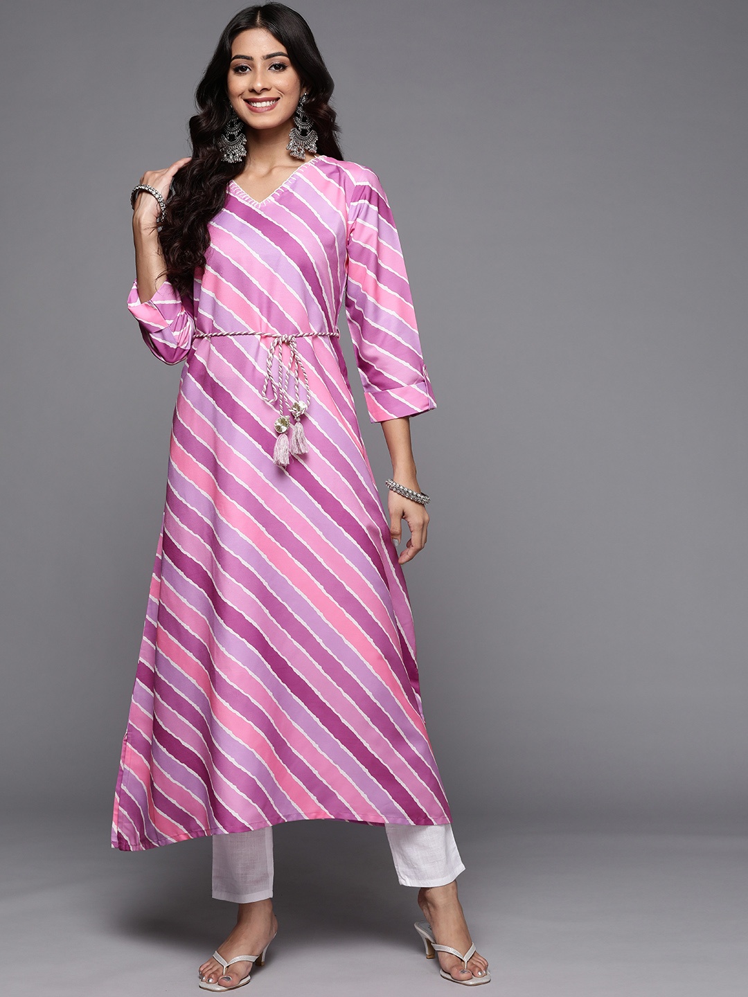 

Varanga Women Pink & Purple Striped Thread Work Kurta