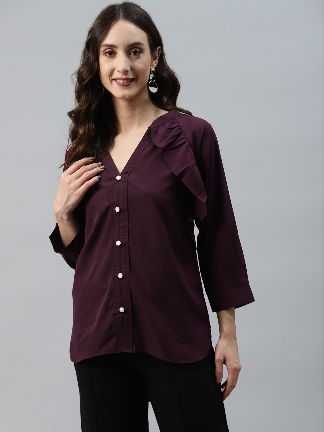 

SheWill Burgundy Mandarin Collar High-Low Top