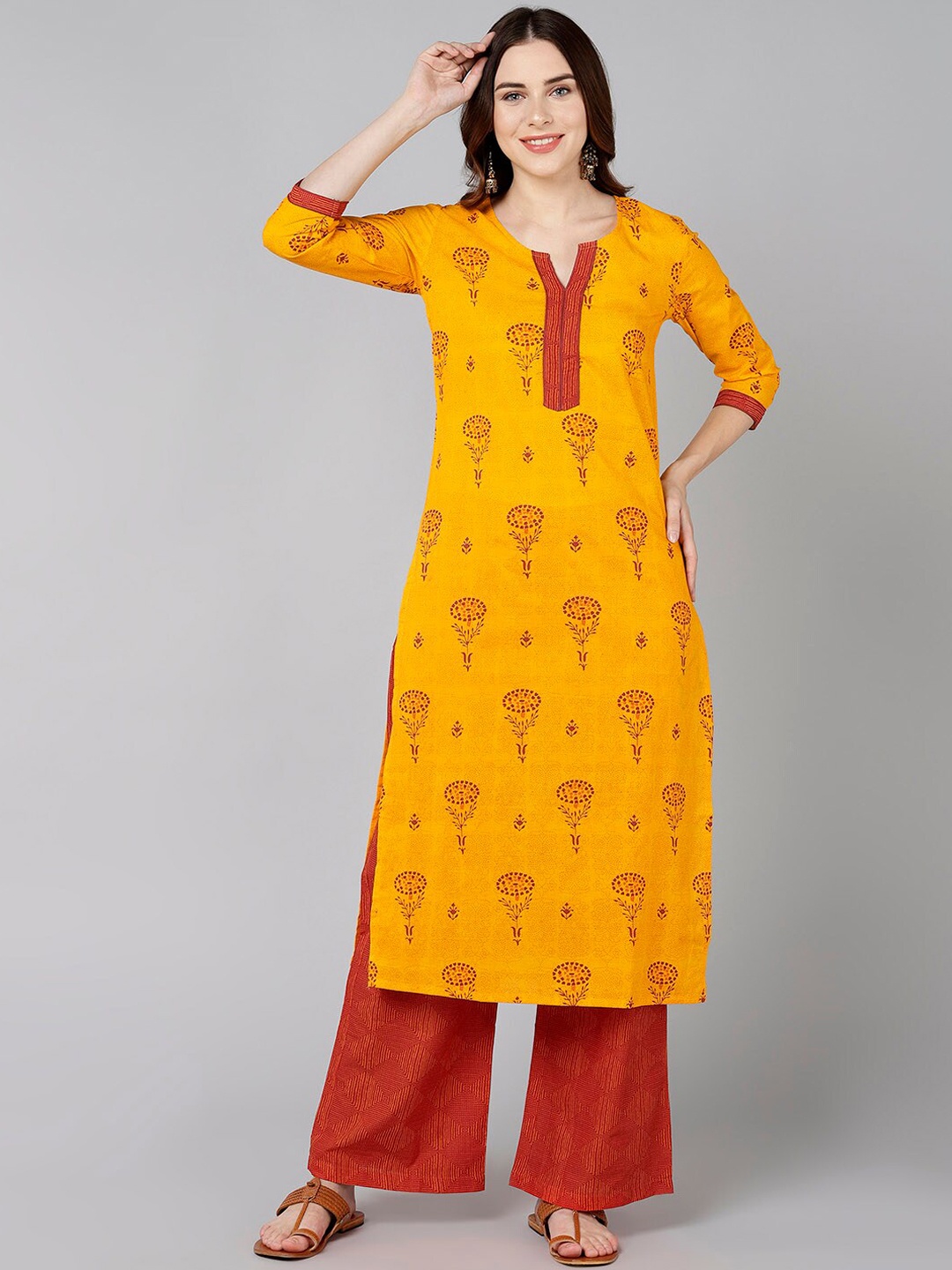 

ZNX Clothing Women's Red Floral Printed Yellow Kurta With Palazzo