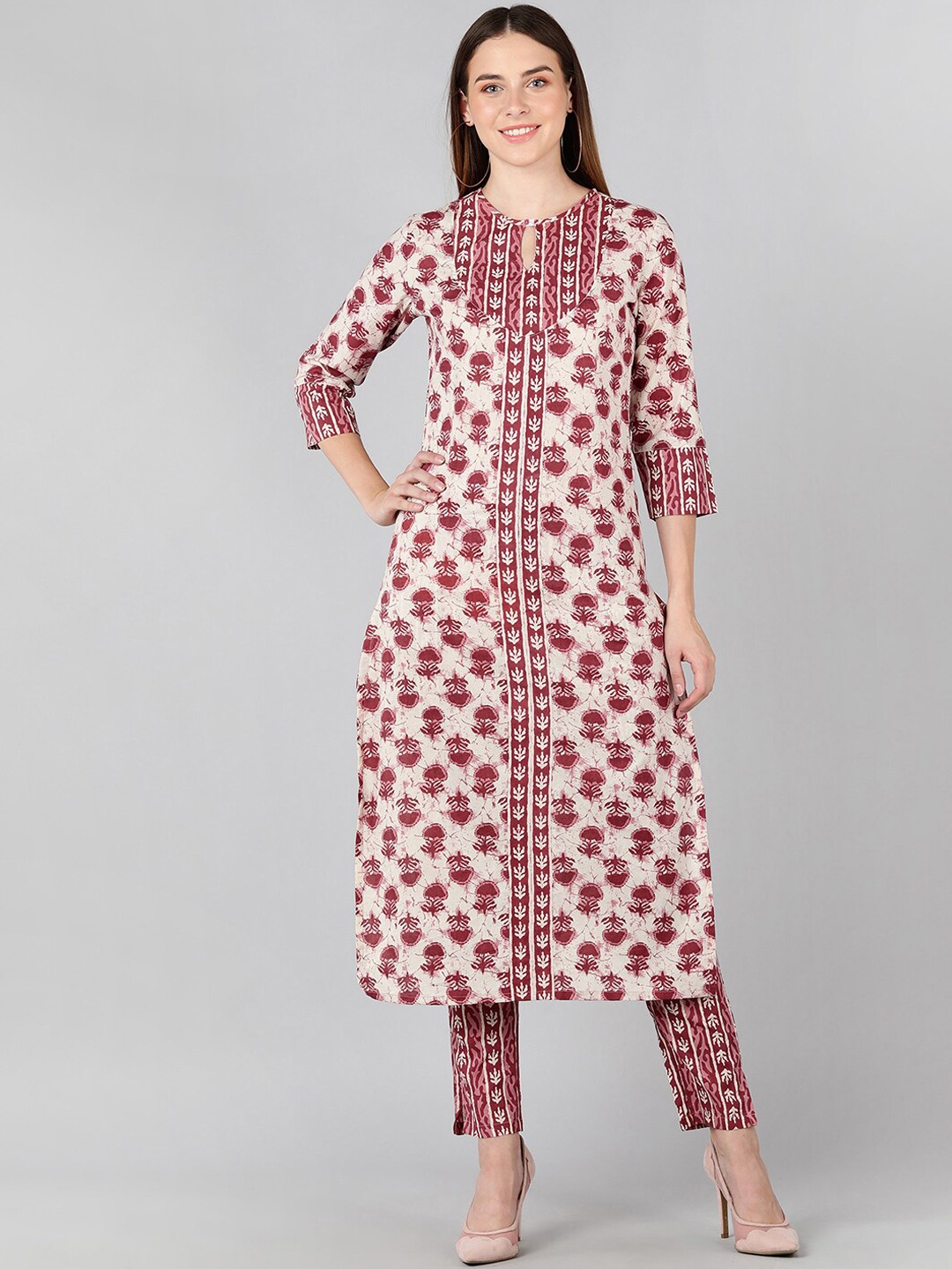

ZNX Clothing Women's Maroon Floral Printed Beige Cotton Kurta With Pant