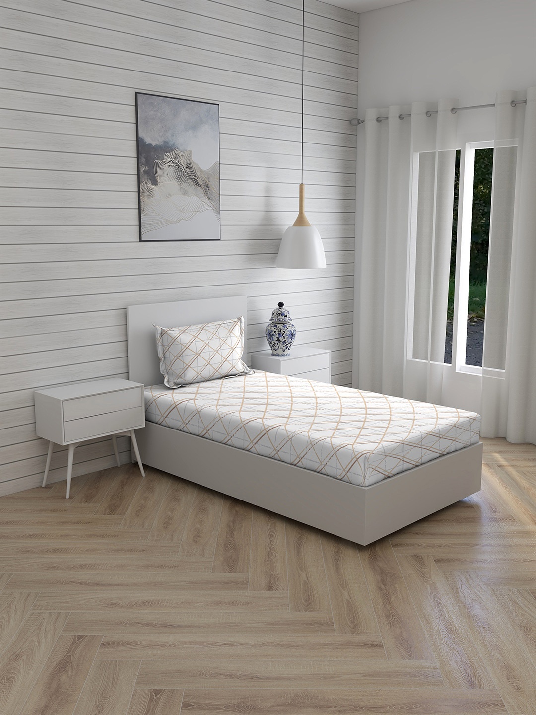 

Layers Brown & White Geometric 144 TC Single Bedsheet with 1 Pillow Covers