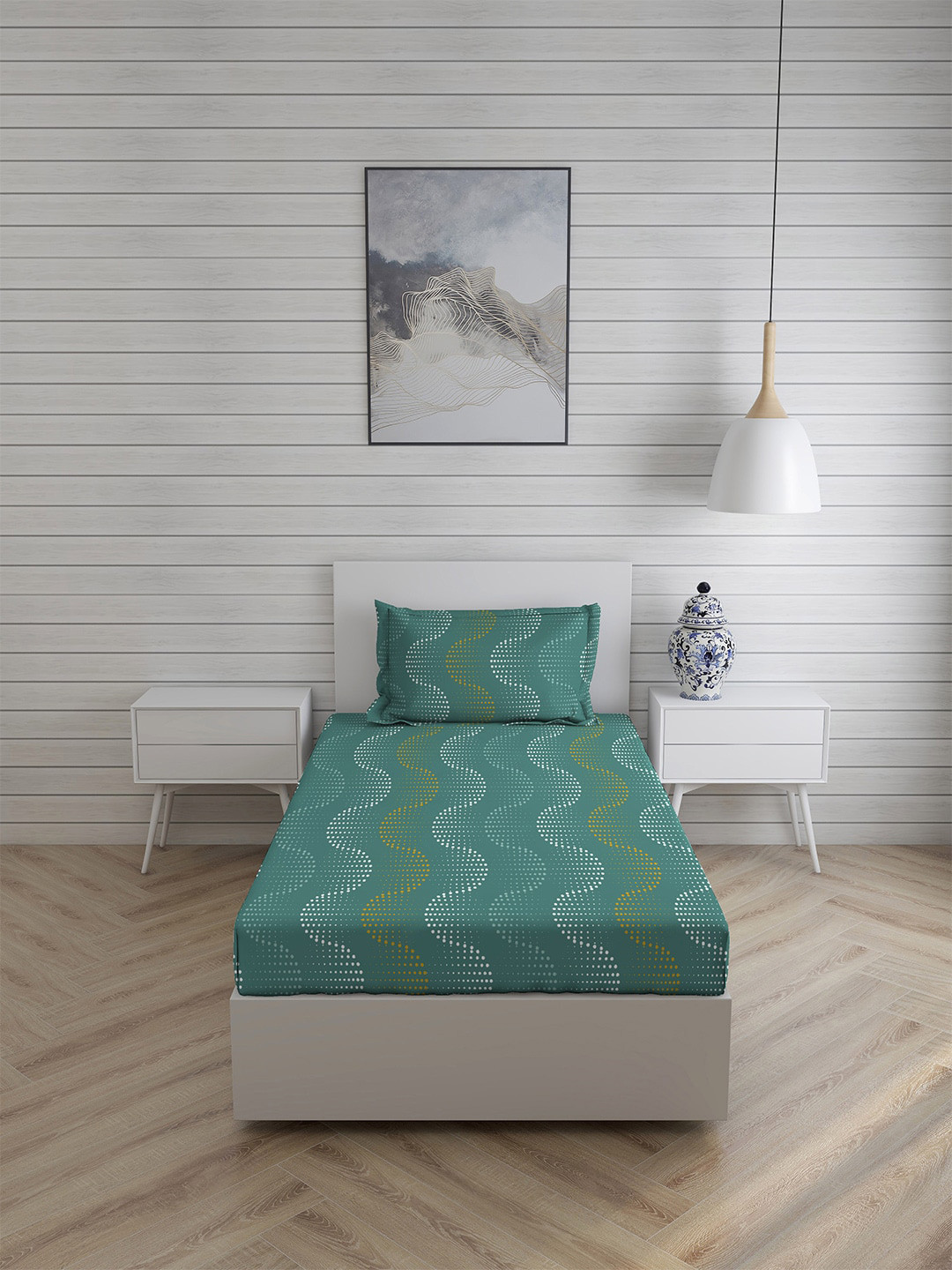 

Layers Green & White 144 TC Single Bedsheet with 1 Pillow Covers
