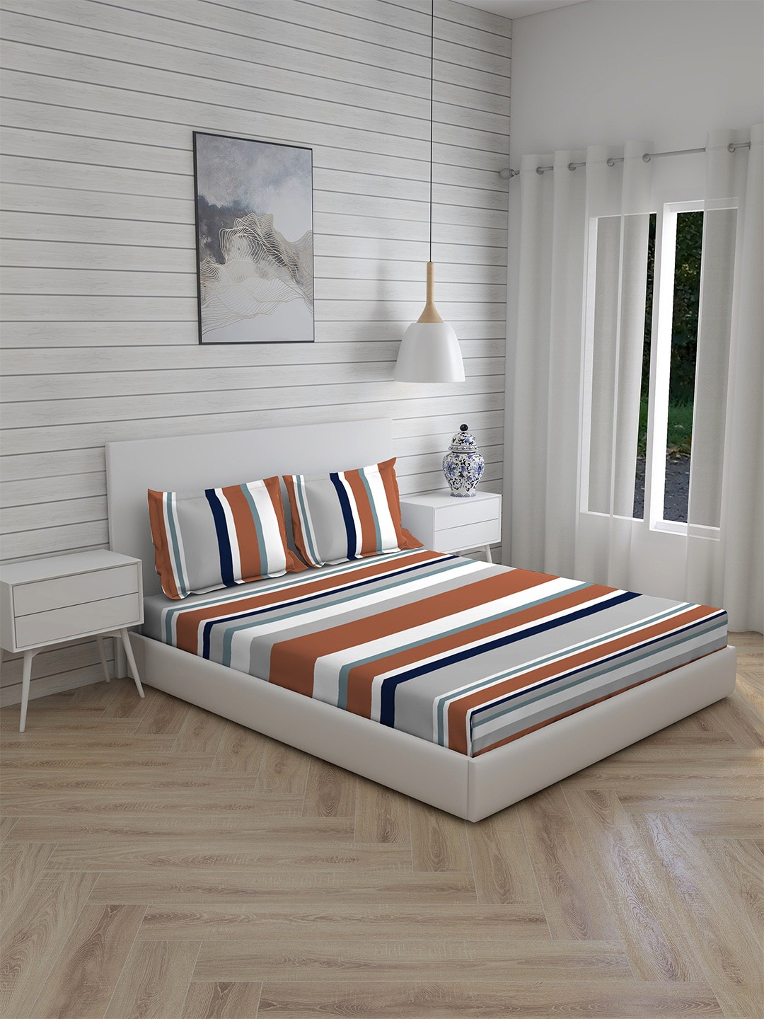 

Layers Grey & White Striped 144 TC King Bedsheet with 2 Pillow Covers