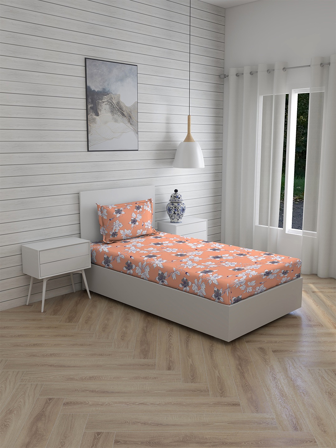 

Layers Orange & White Floral 144 TC Single Bedsheet with 1 Pillow Covers
