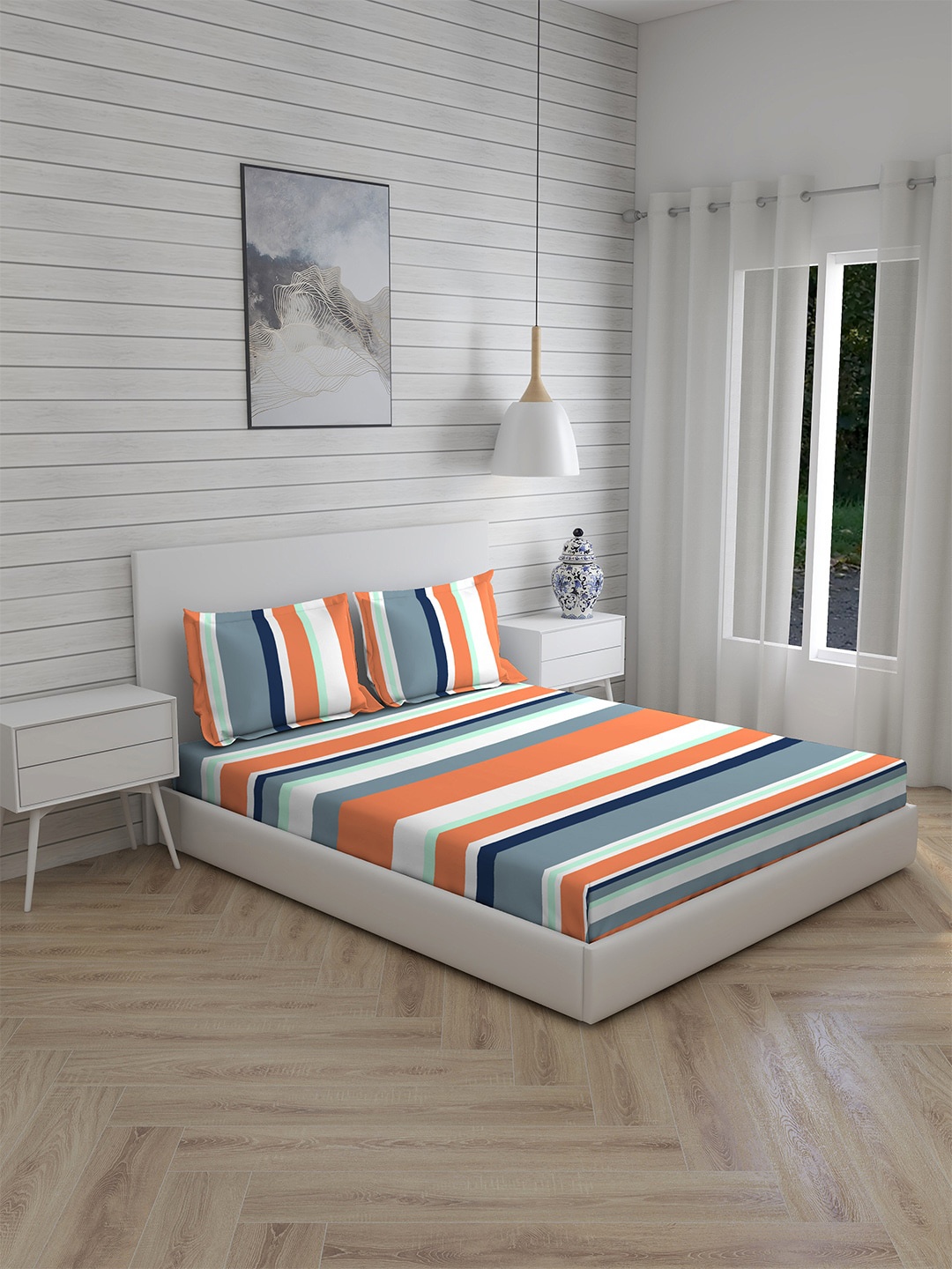 

Layers Orange & Blue Striped 144 TC King Bedsheet with 2 Pillow Covers
