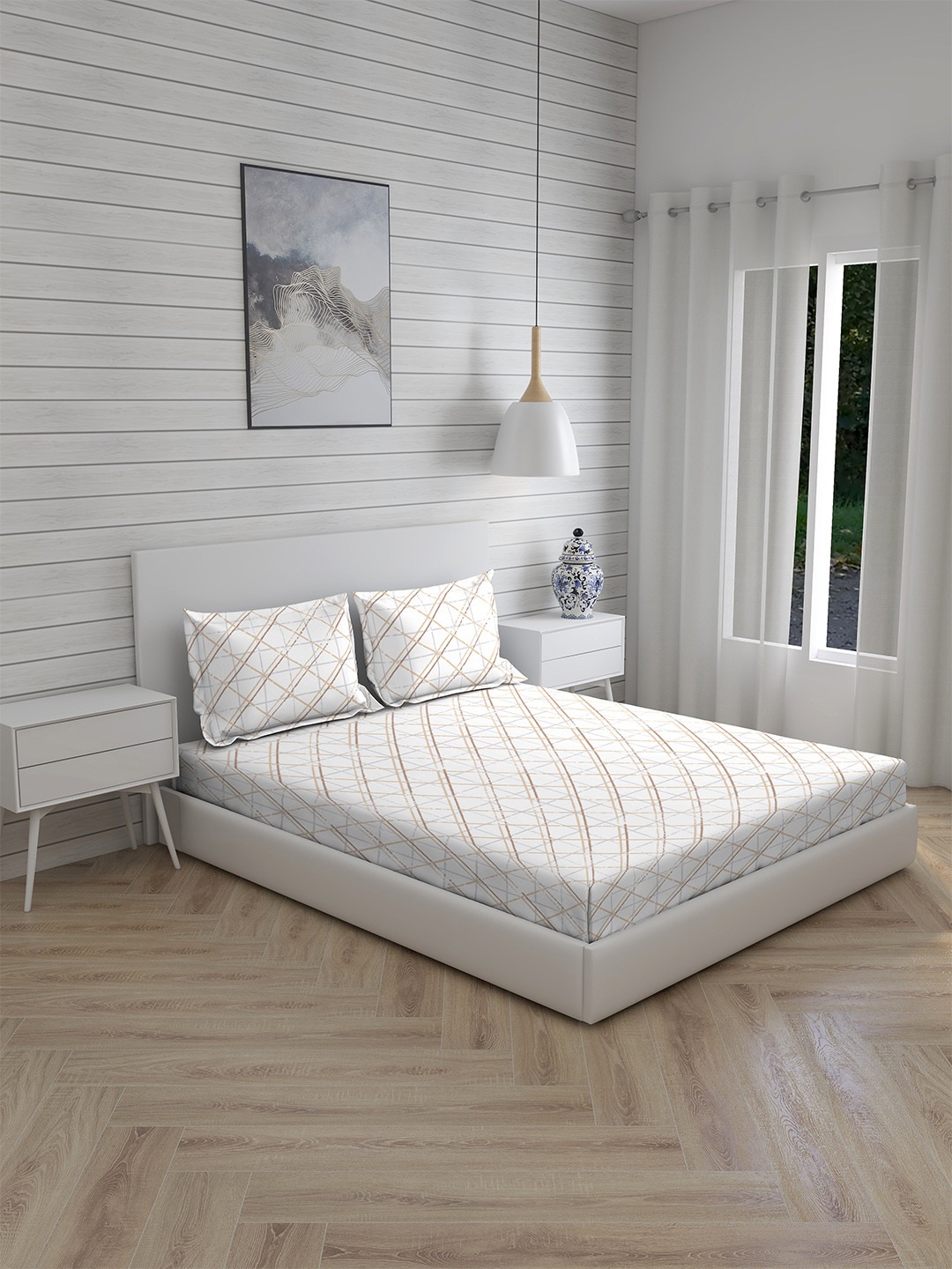 

Layers White & Mustard Geometric 144 TC King Bedsheet with 2 Pillow Covers