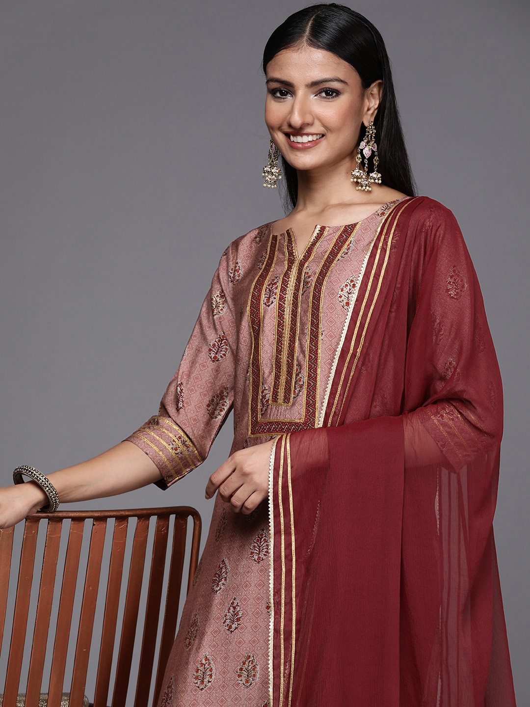 

Libas Women Maroon Floral Yoke Design Gotta Patti Kurta with Trousers & Dupatta