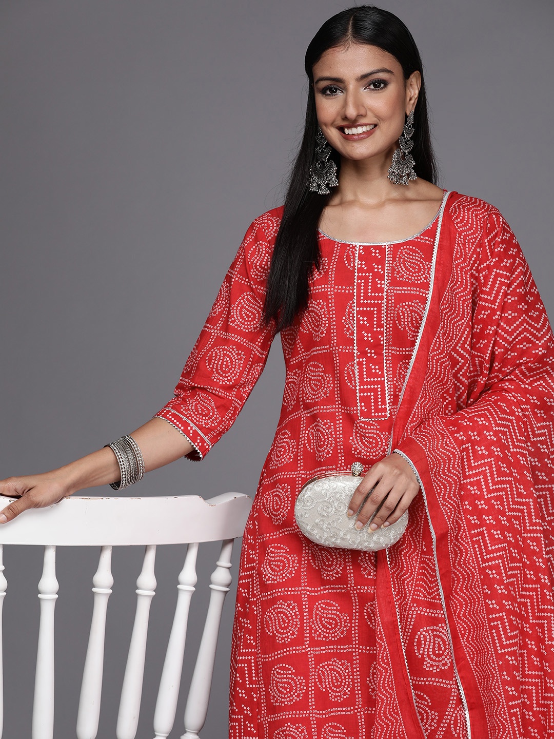 

Libas Women Red Bandhani Printed Pure Cotton Kurta with Trousers & Dupatta