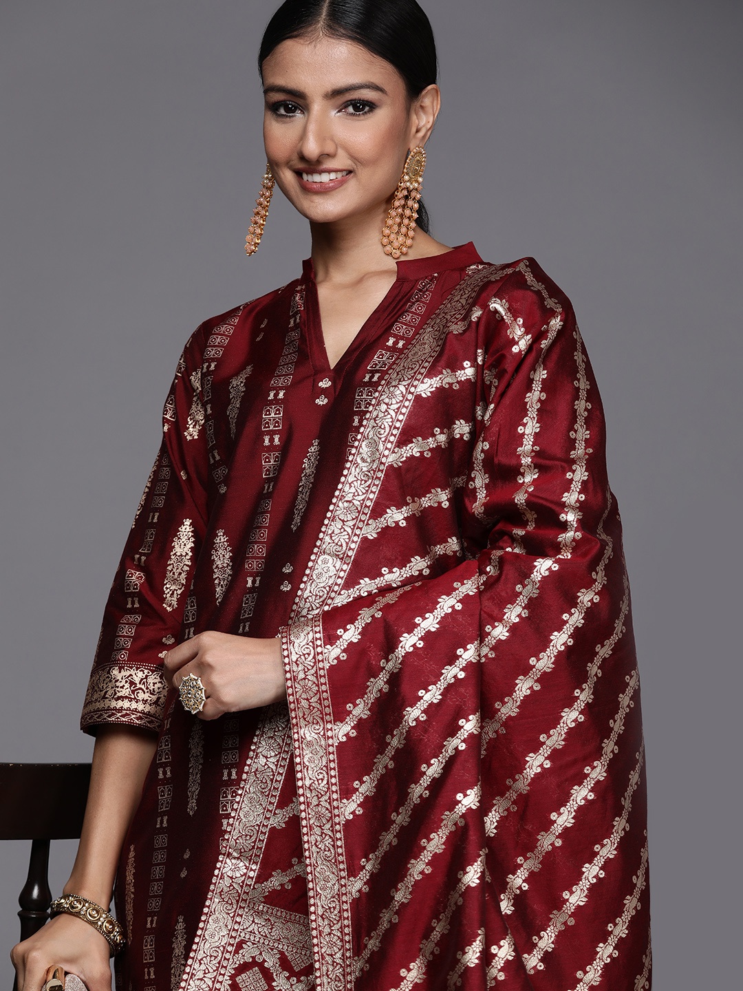 

Libas Women Maroon Ethnic Motifs Printed Chanderi Silk Kurta with Trousers & Dupatta