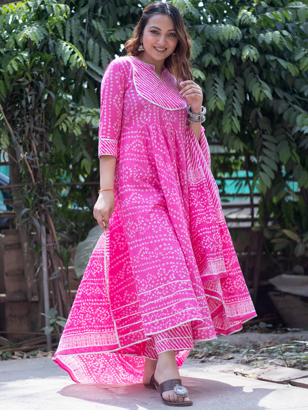 

Libas Women Pink Bandhani Printed Empire Gotta Patti Pure Cotton Kurta with Trousers & With Dupatta