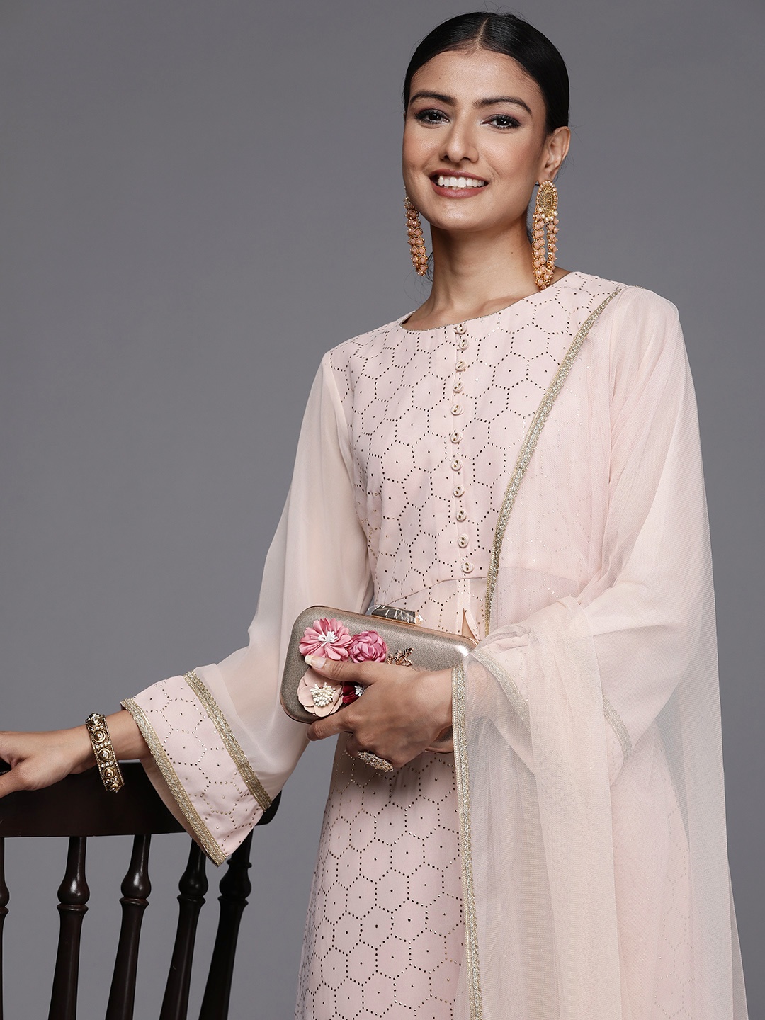 

Libas Women Peach-Coloured Embellished Kurta with Trousers & Dupatta