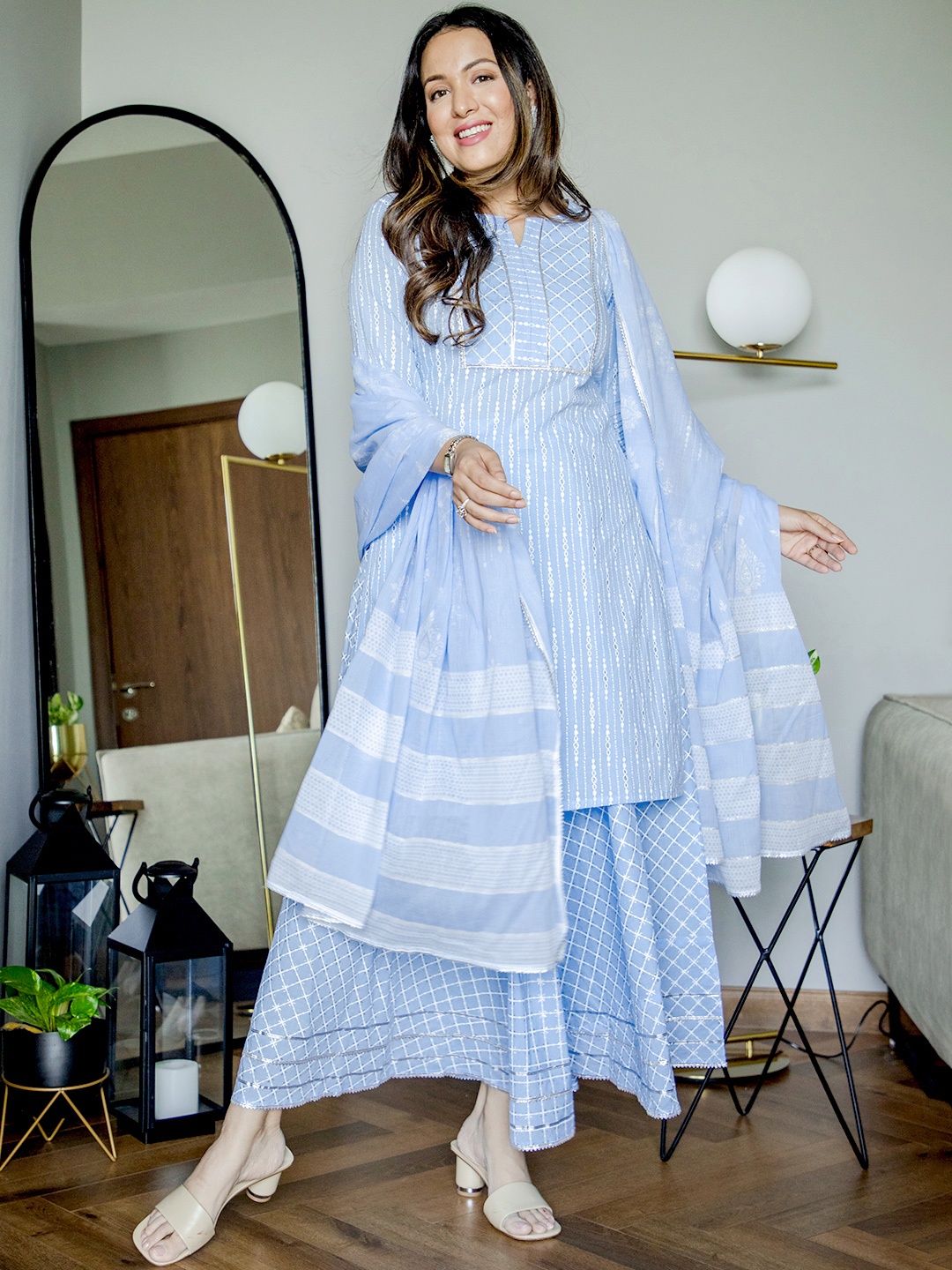 

Libas Women Blue Striped Gotta Patti Pure Cotton Kurta with Skirt & With Dupatta