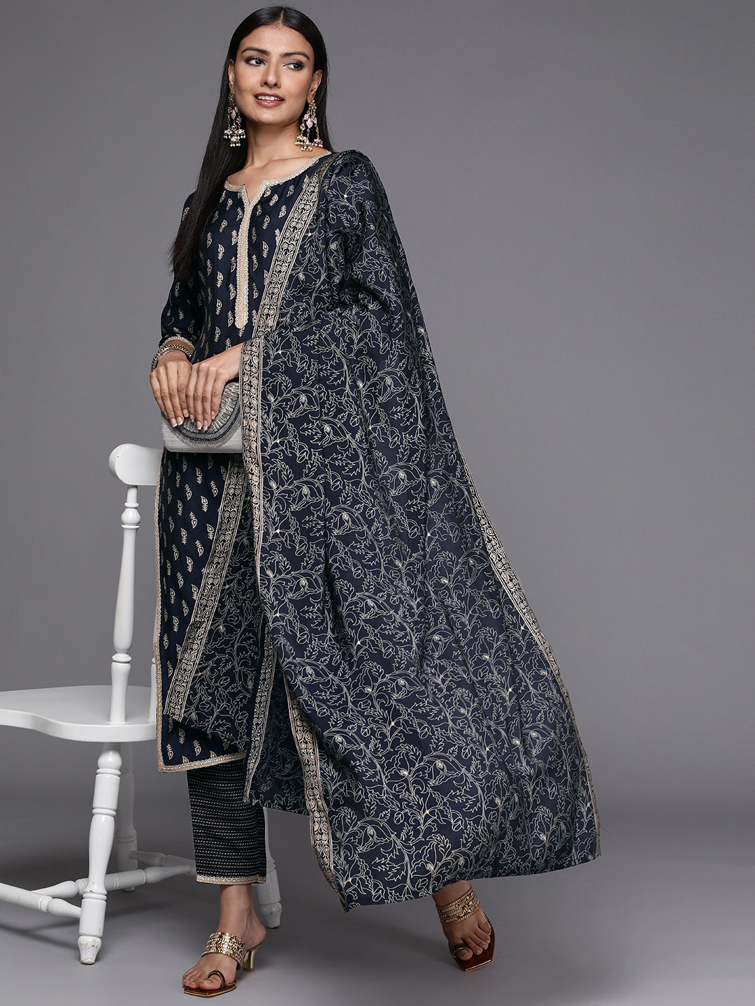 

Libas Women Navy Blue Paisley Printed Kurta with Trousers & Dupatta