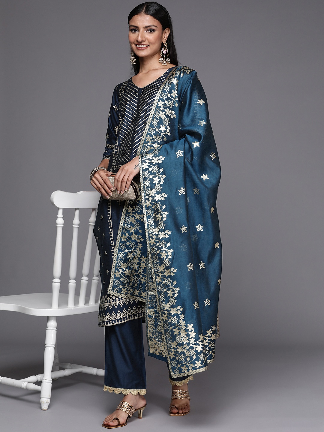 

Libas Women Blue Floral Printed Chanderi Silk Kurta with Trousers & Dupatta