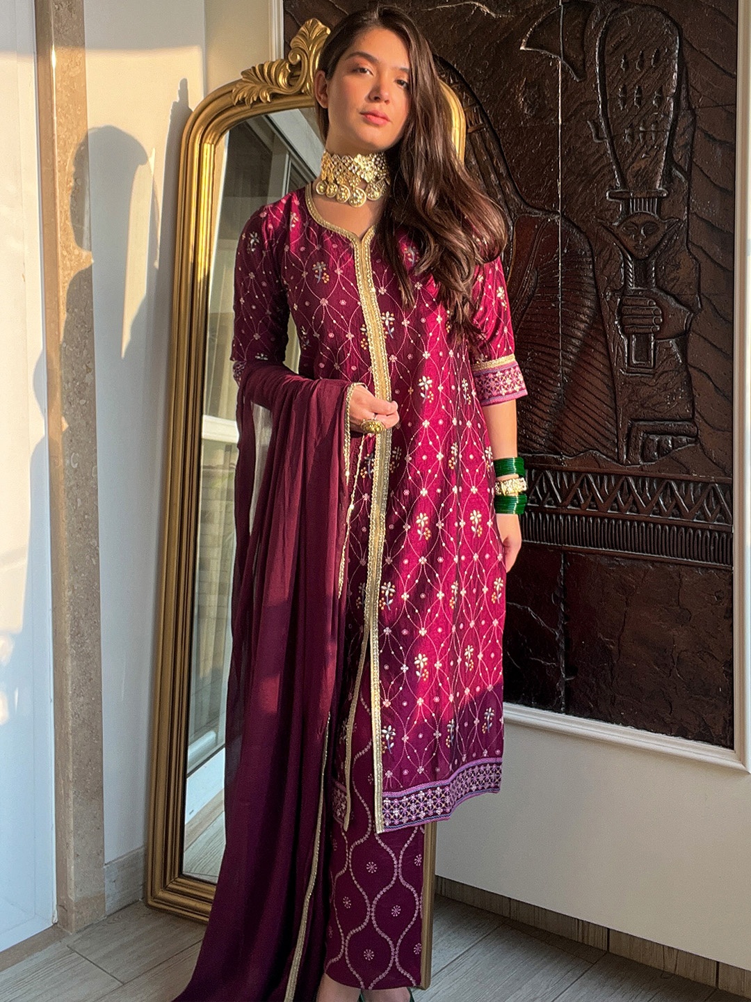 

Libas Women Purple Floral Printed Kurta with Palazzos & Dupatta