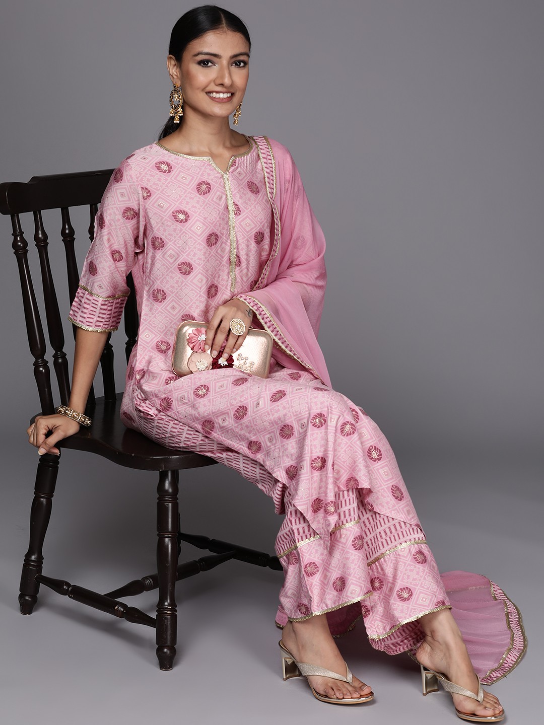 

Libas Women Pink Floral Printed Sequinned Kurta with Palazzos & Dupatta