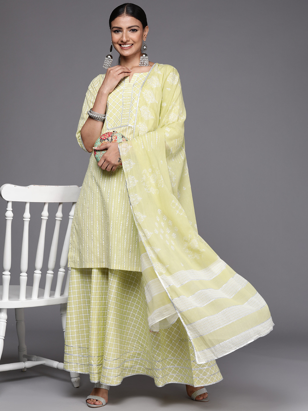 

Libas Women Lime Green Yoke Design Gotta Patti Pure Cotton Kurta with Skirt & Dupatta