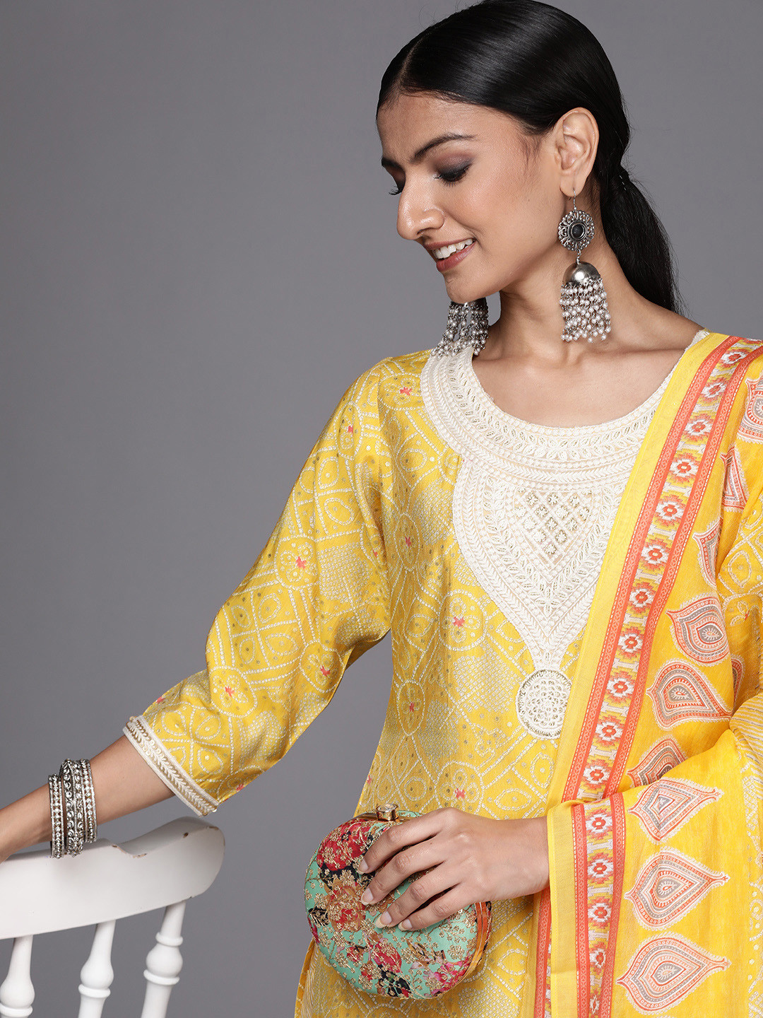 

Libas Women Yellow Bandhani Printed Kurta with Trousers & Dupatta