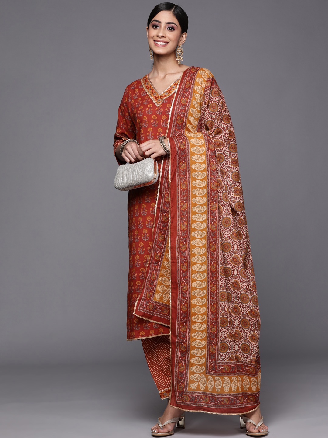

Libas Women Rust Orange Floral Gotta Patti Cotton Kurta with Salwar & Dupatta