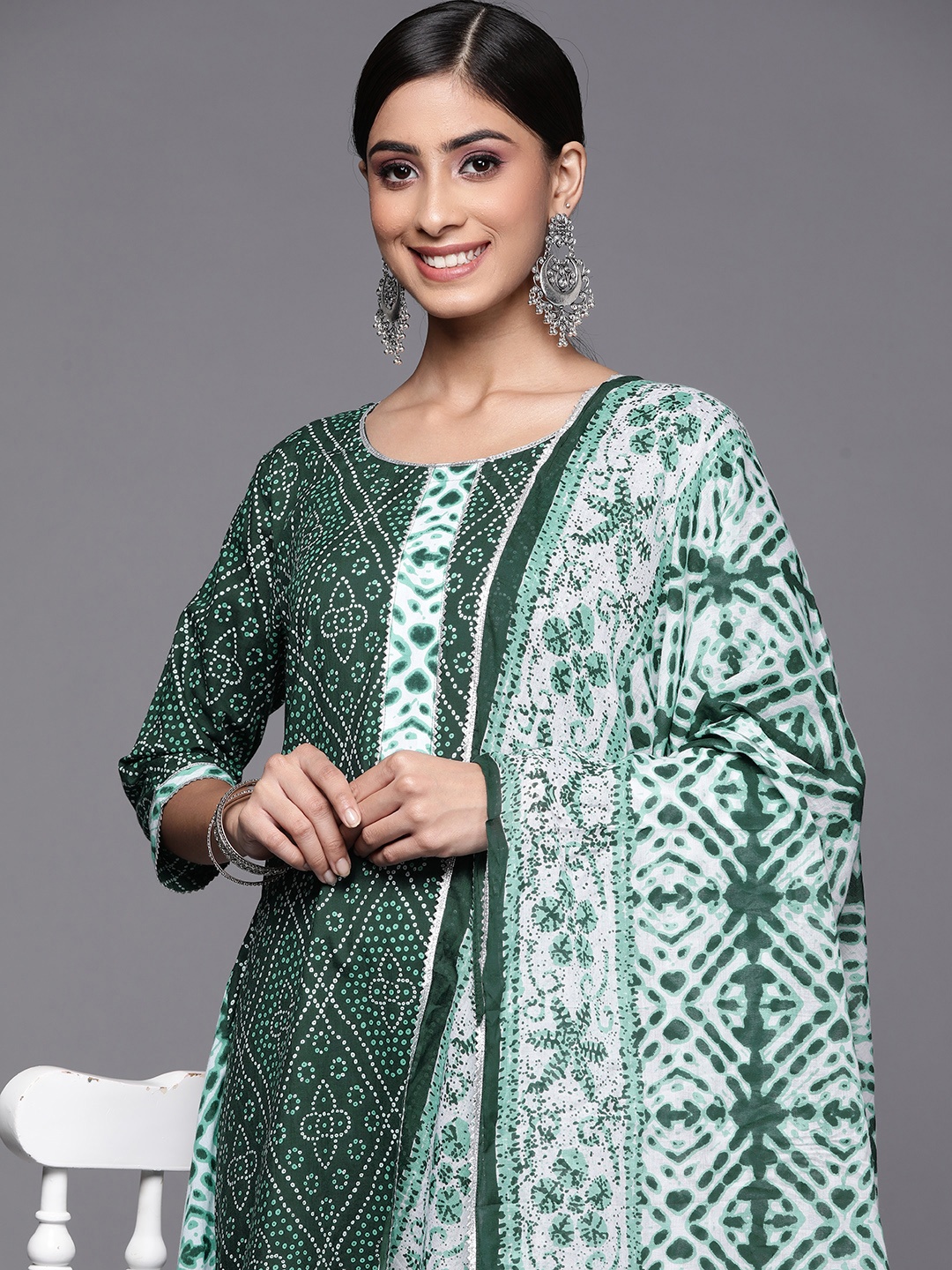 

Libas Women Green Bandhani Printed Gotta Patti Pure Cotton Kurta with Trousers & Dupatta