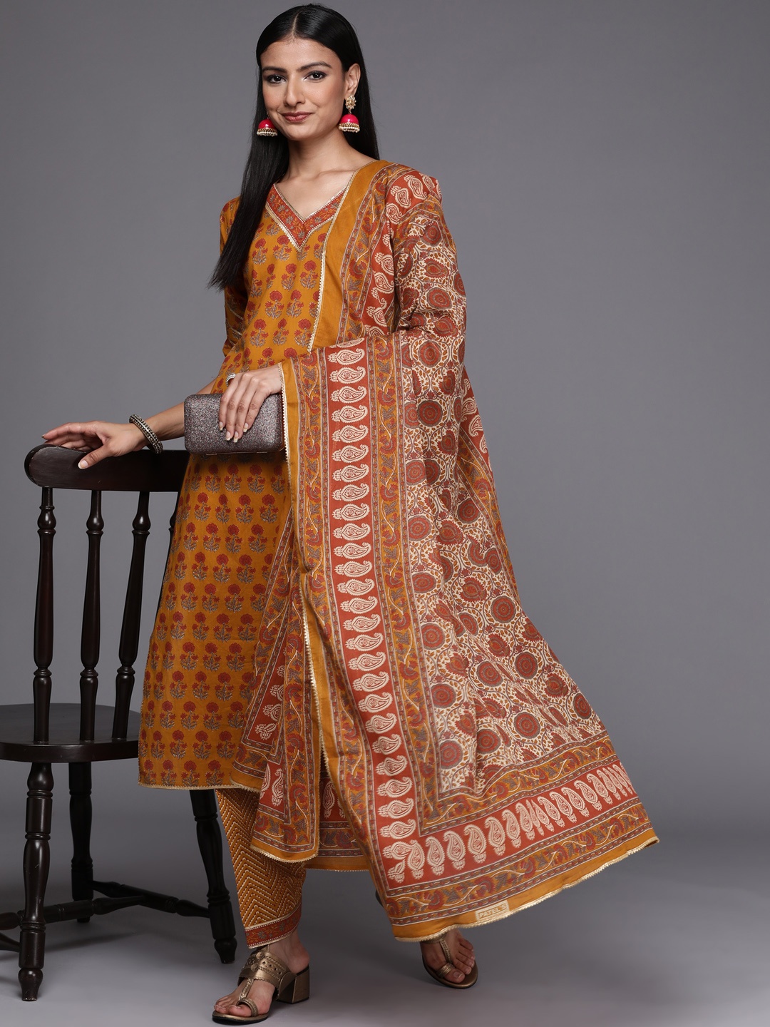 

Libas Women Mustard Yellow Floral Printed Gotta Patti Cotton Kurta with Salwar & Dupatta