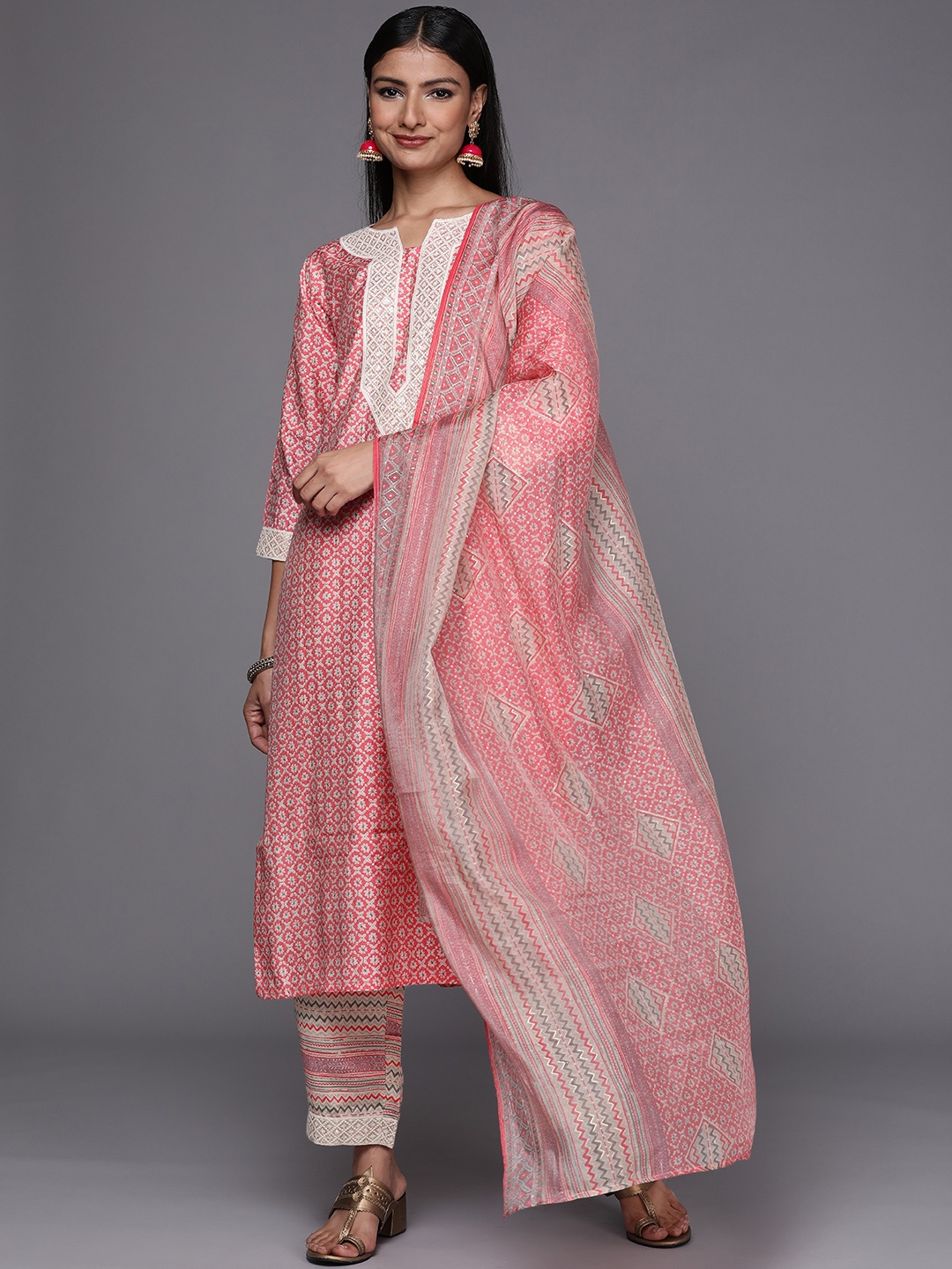 

Libas Women Pink Printed Thread Work Kurta with Trousers & Dupatta