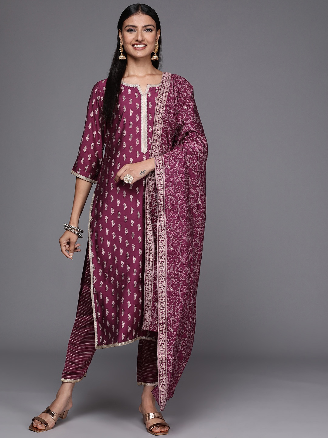 

Libas Women Purple Paisley Printed Kurta with Trousers & With Dupatta